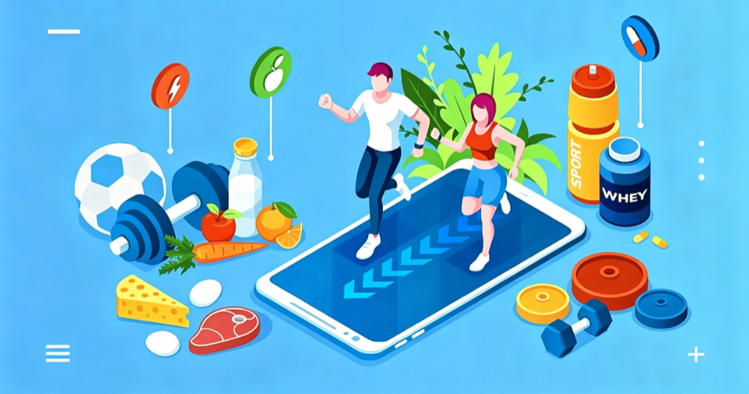 Isometric illustration of man and woman running on large smartphone screen, surrounded by fitness gear, fresh food, sports supplements, concept of mobile fitness and running nutrition