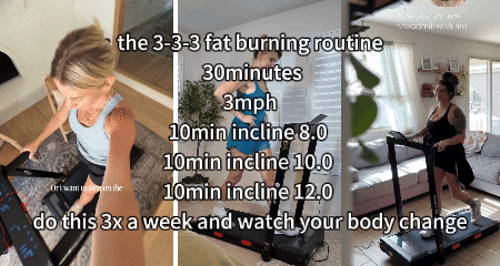 Woman doing incline treadmill training at home using the 3-3-3 fat-burning routine on a DeerRun treadmill