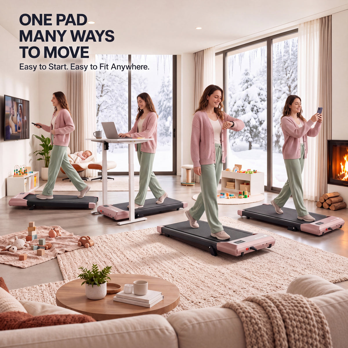 DeerRun Q2 Urban 7% Incline Under-desk Walking Pad with Smart Control | Rose Gold