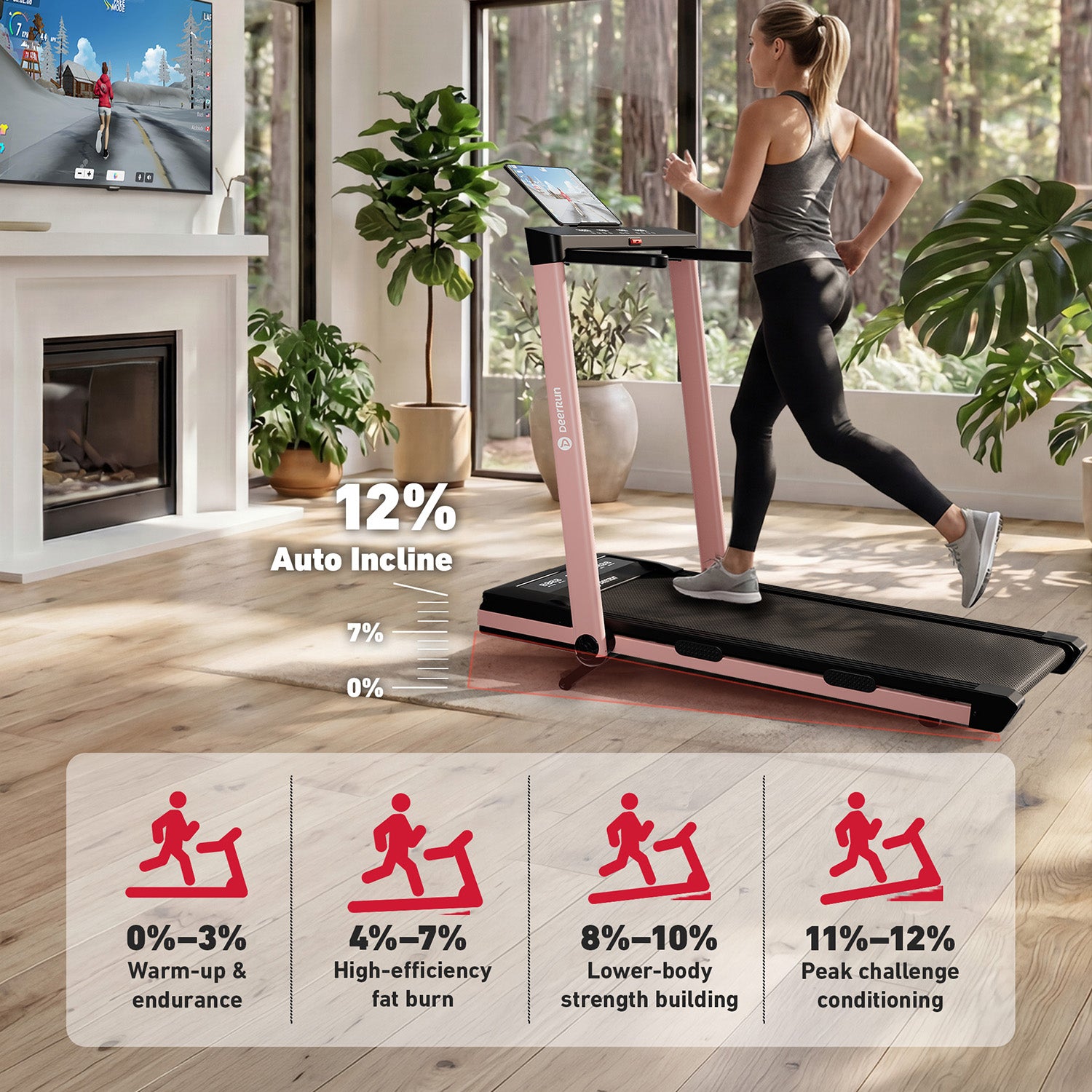 DeerRun Z10 Pro Muse Type 2 in 1 Foldable Treadmill with Remote Control, 12% Auto Incline, Pink