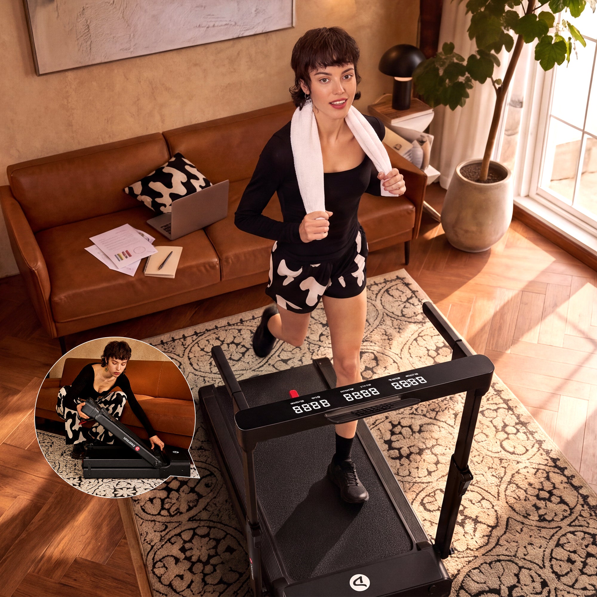 DeerRun Flex Fold 1 Fold-in-Half Treadmill With Handrail for Walking & Jogging