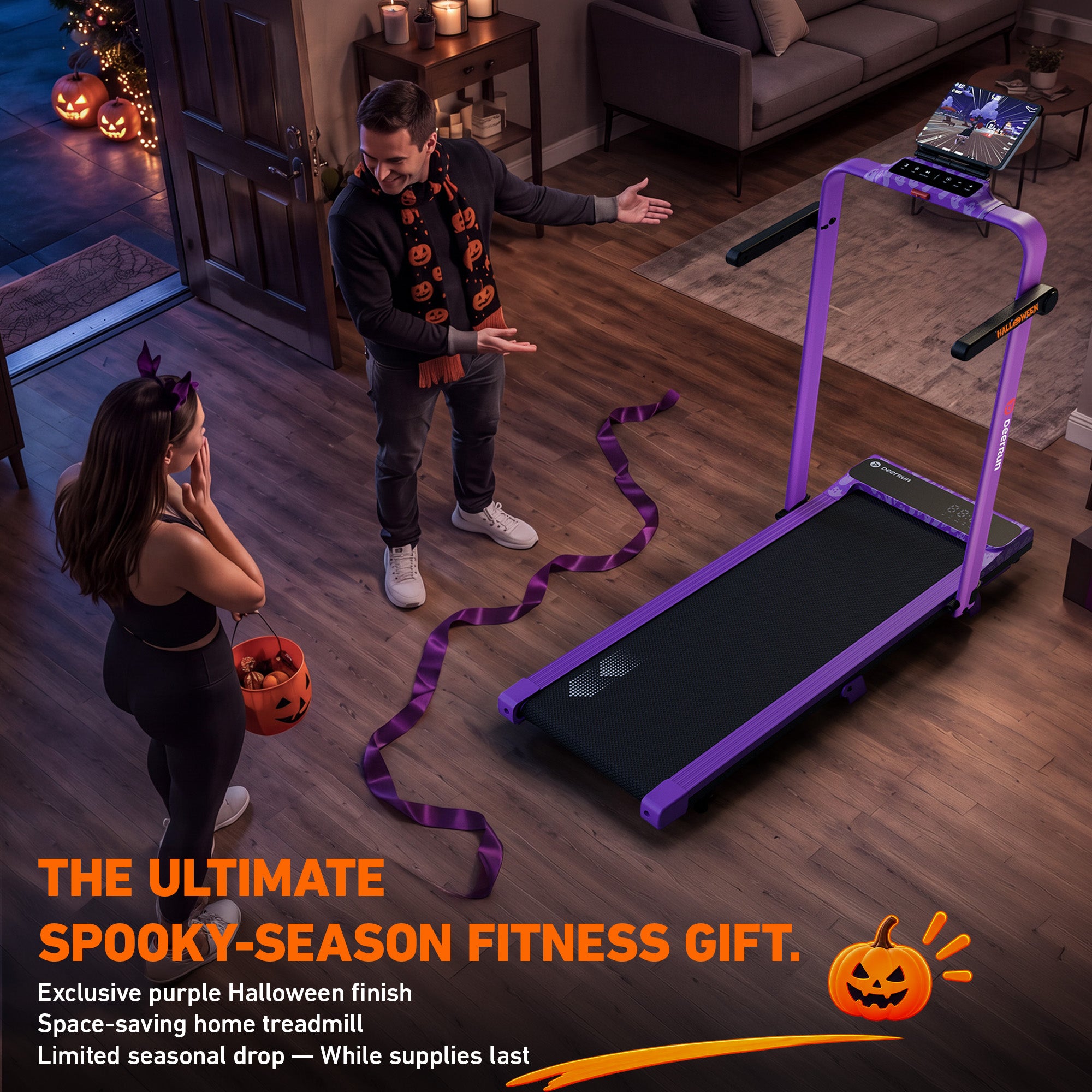 DeerRun Halloween Gift Edition 2-in-1 Foldable Treadmill for Home, Run & Save Space - With 6% Incline, Handlebar & Full Display Screen