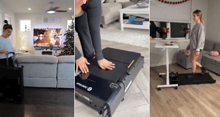 Collage of DeerRun Z20 portable treadmill: unboxing, fold flat for storage, operate under desk, compact walking pad for small apartment home fitness