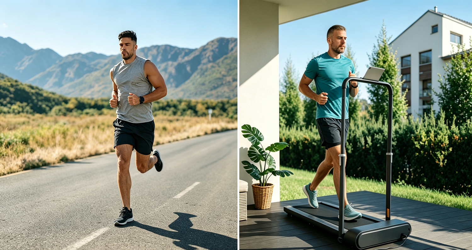 Man running outdoors on road vs man walking on foldable under‑desk treadmill on home patio, compare outdoor running and indoor home treadmill workout for small‑space fitness
