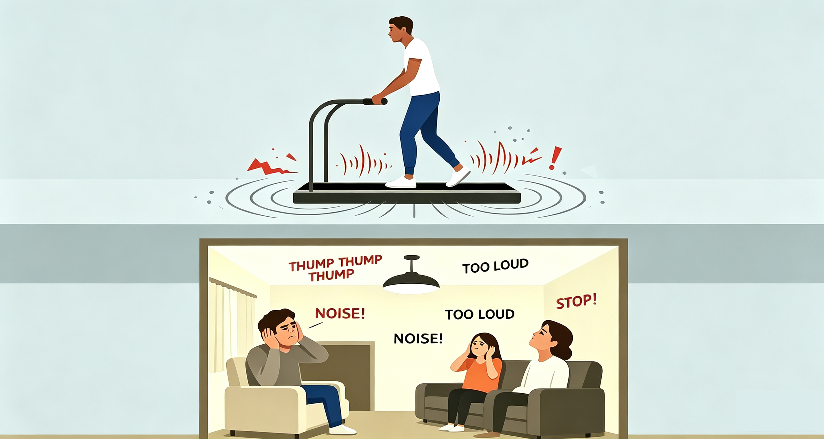 Illustration: Upstairs walkingpad treadmill noise disturbs downstairs neighbors in apartment