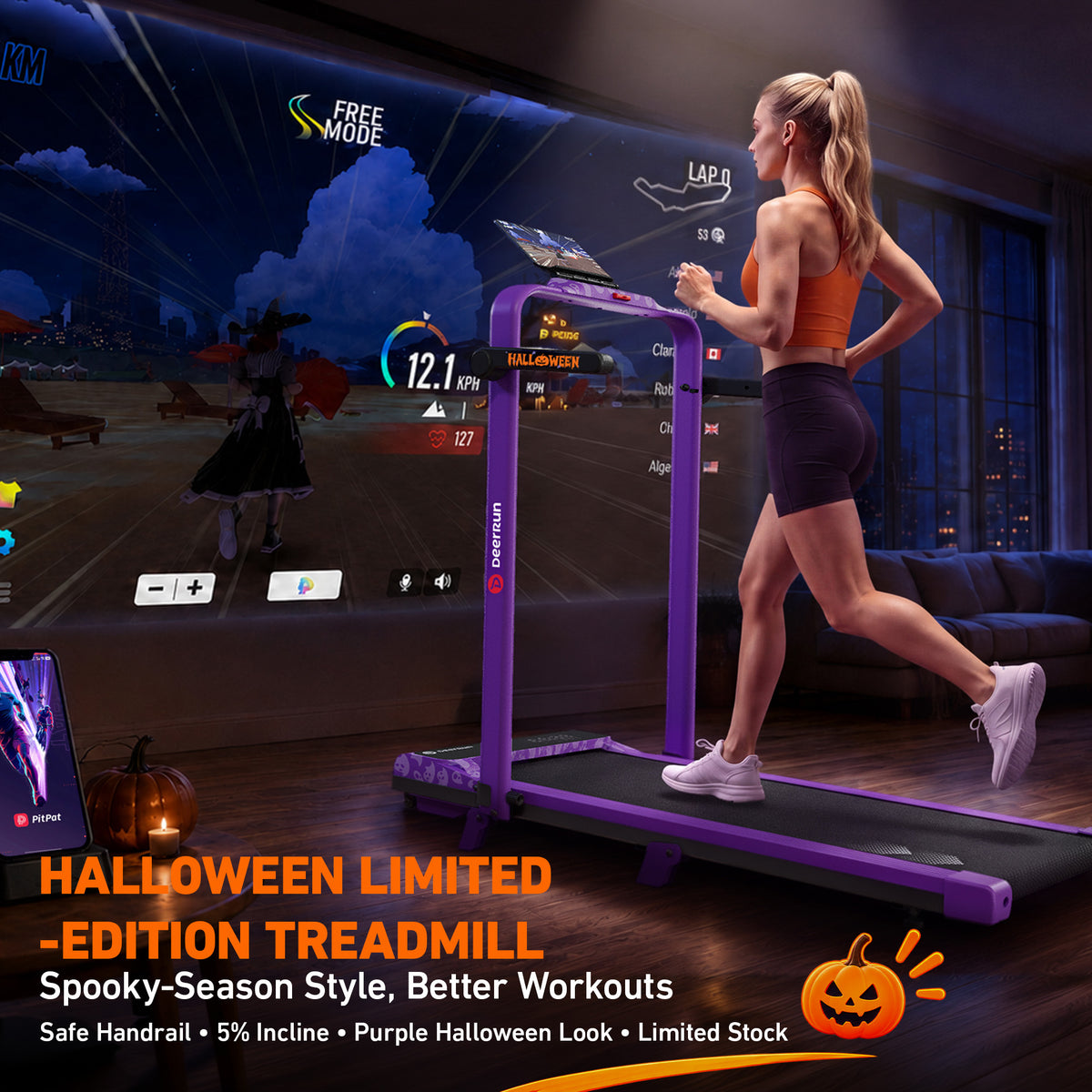 DeerRun Halloween Gift Edition 2-in-1 Foldable Treadmill for Home, Run & Save Space - With 6% Incline, Handlebar & Full Display Screen