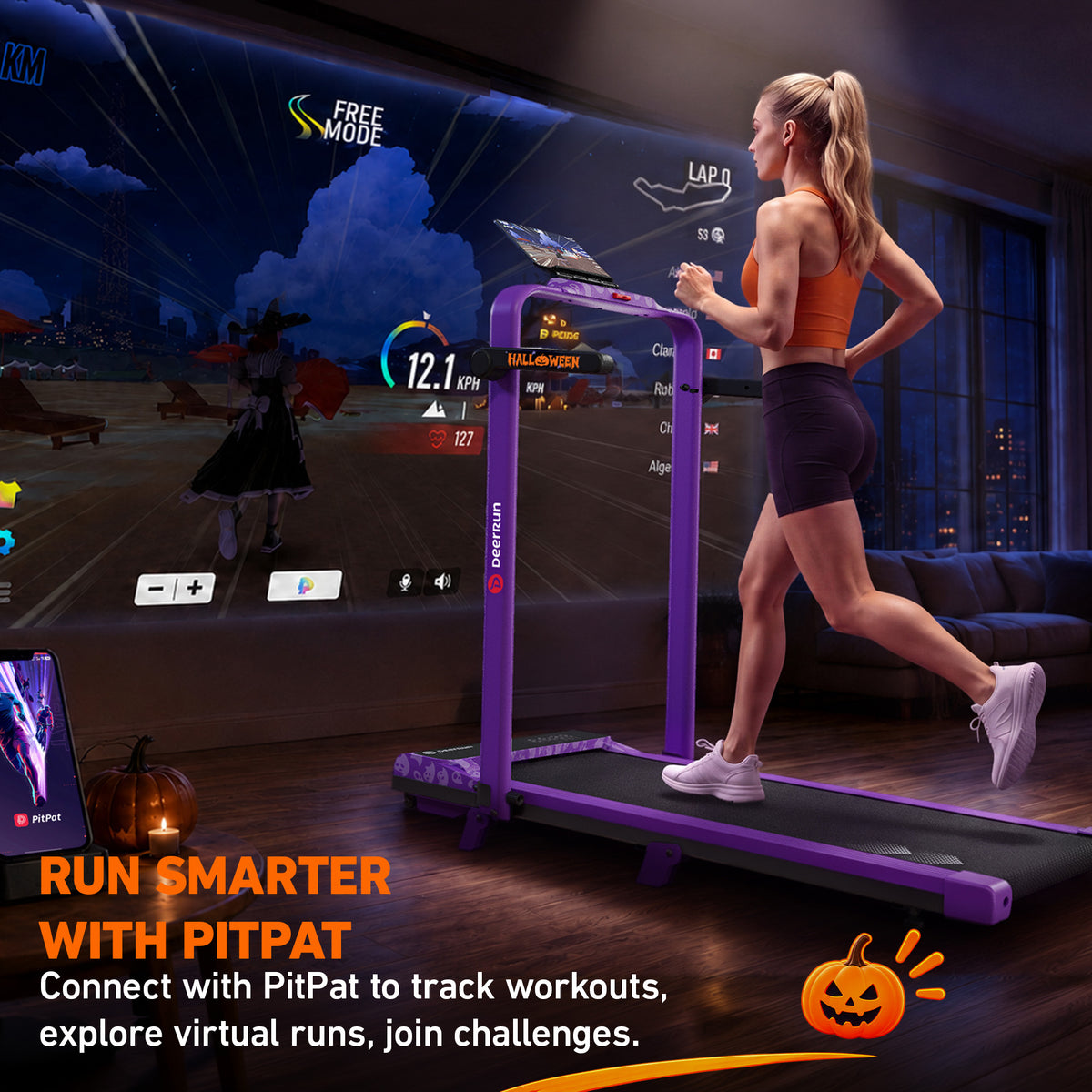 DeerRun Halloween Gift Edition 2-in-1 Foldable Treadmill for Home, Run & Save Space - With 6% Incline, Handlebar & Full Display Screen