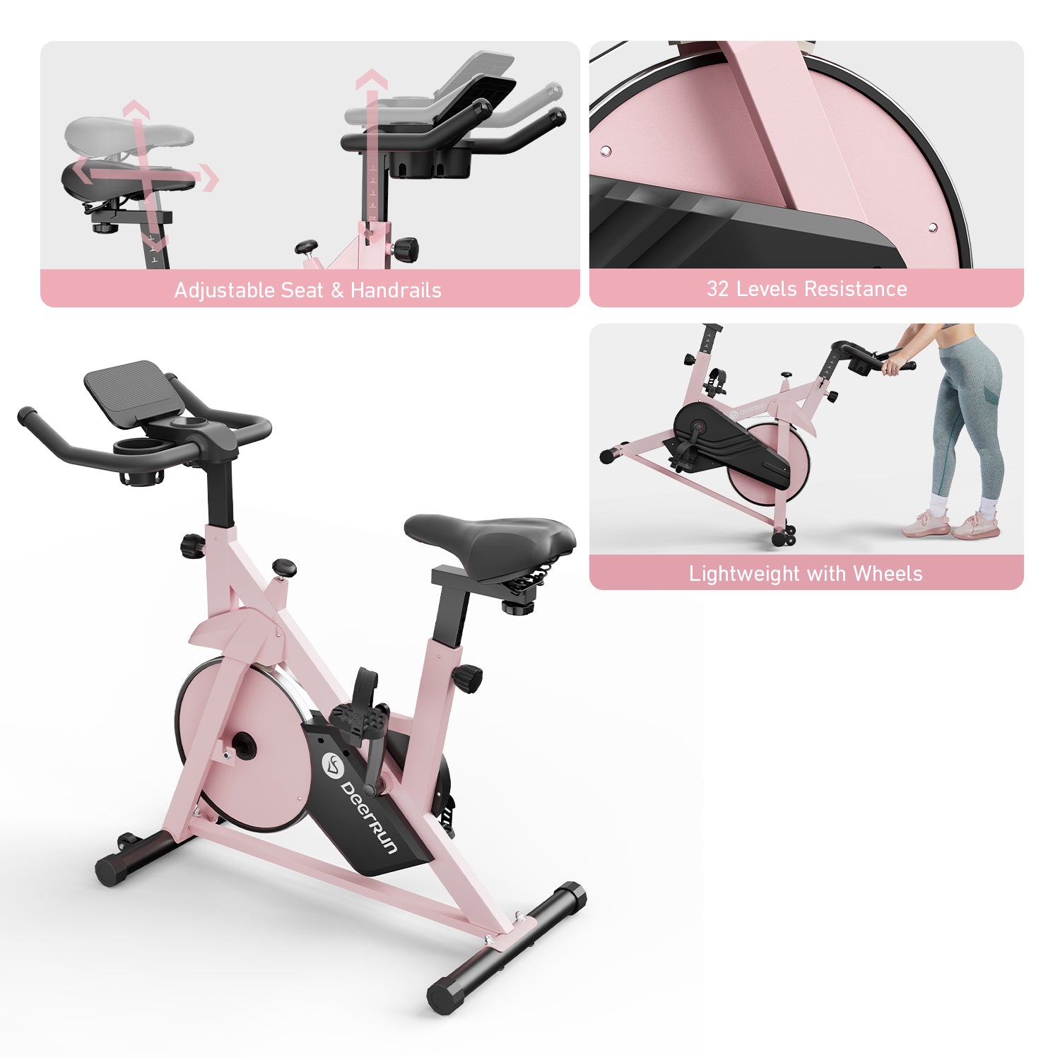 DeerRun S500 Indoor Smart Stationary Cycling Bike with PitPat App, 1-32 Magnetic Resistance-Pink
