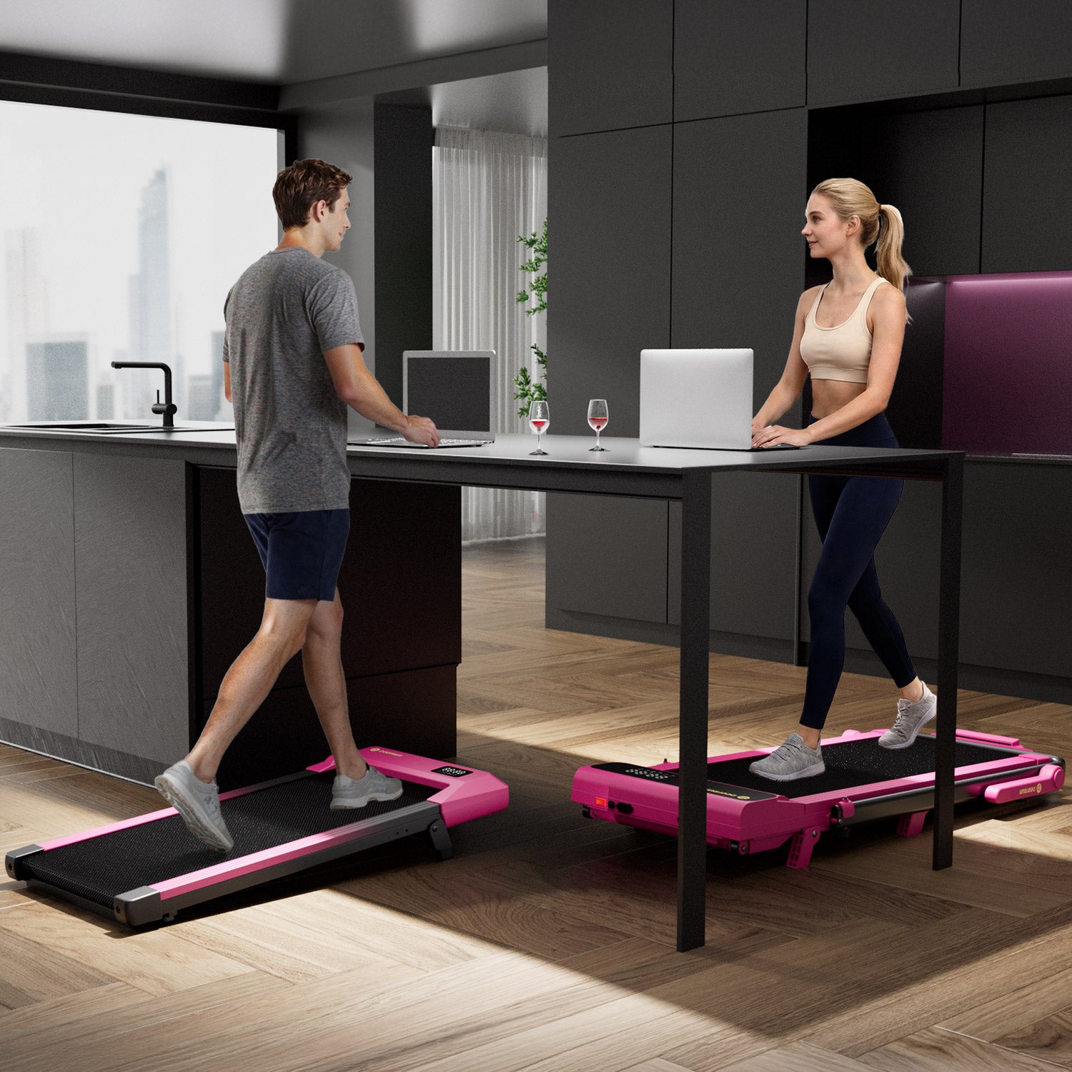 Valentine's Gift Couple-friendly 5% Incline Treadmill with Handrail - Black Pink