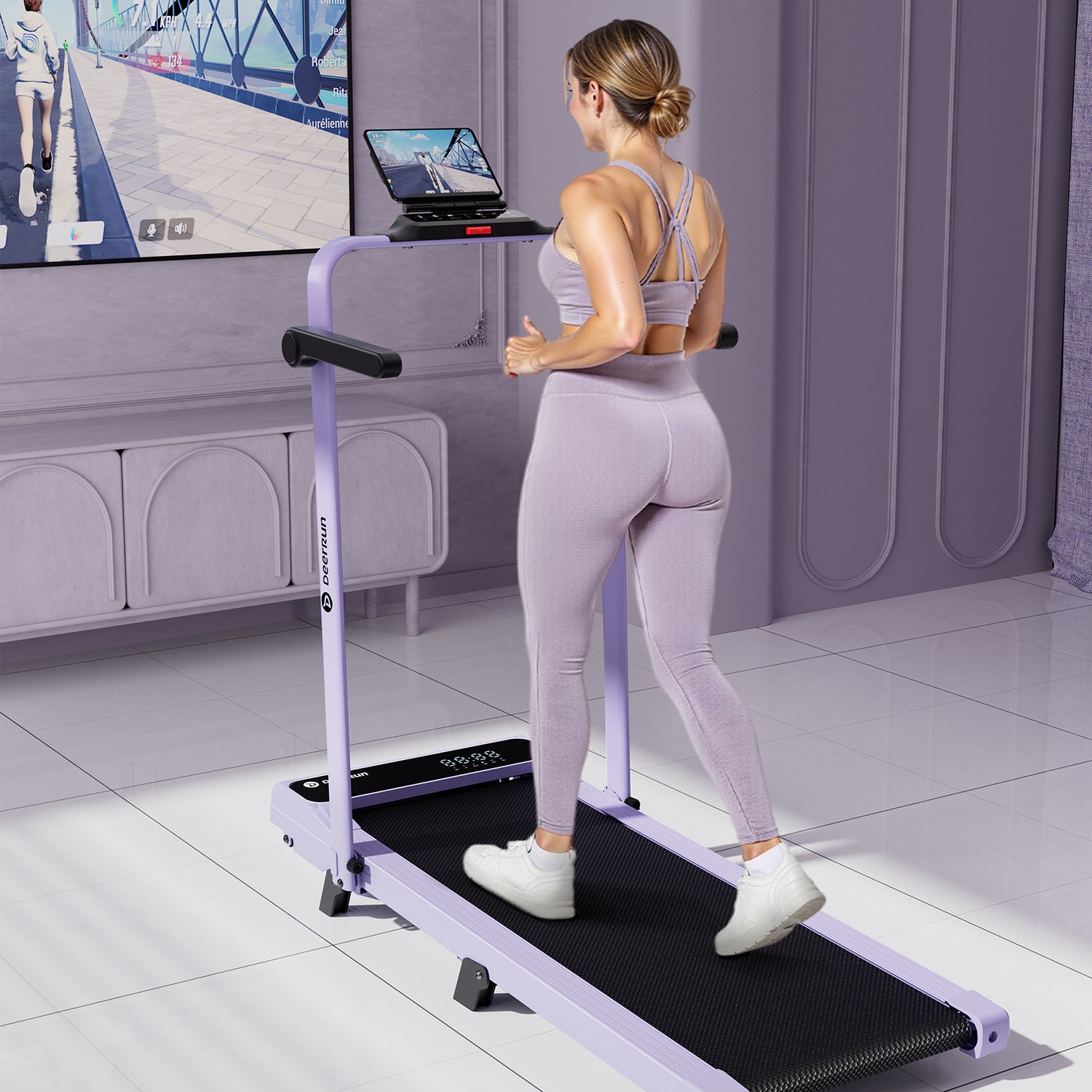 2026 New A6 Plus Handbar 5% Incline 2 in 1 Foldable Treadmill with Whole Screen Upgraded Chip & NFC Support | 300Lbs, 7.5Mph, Purple