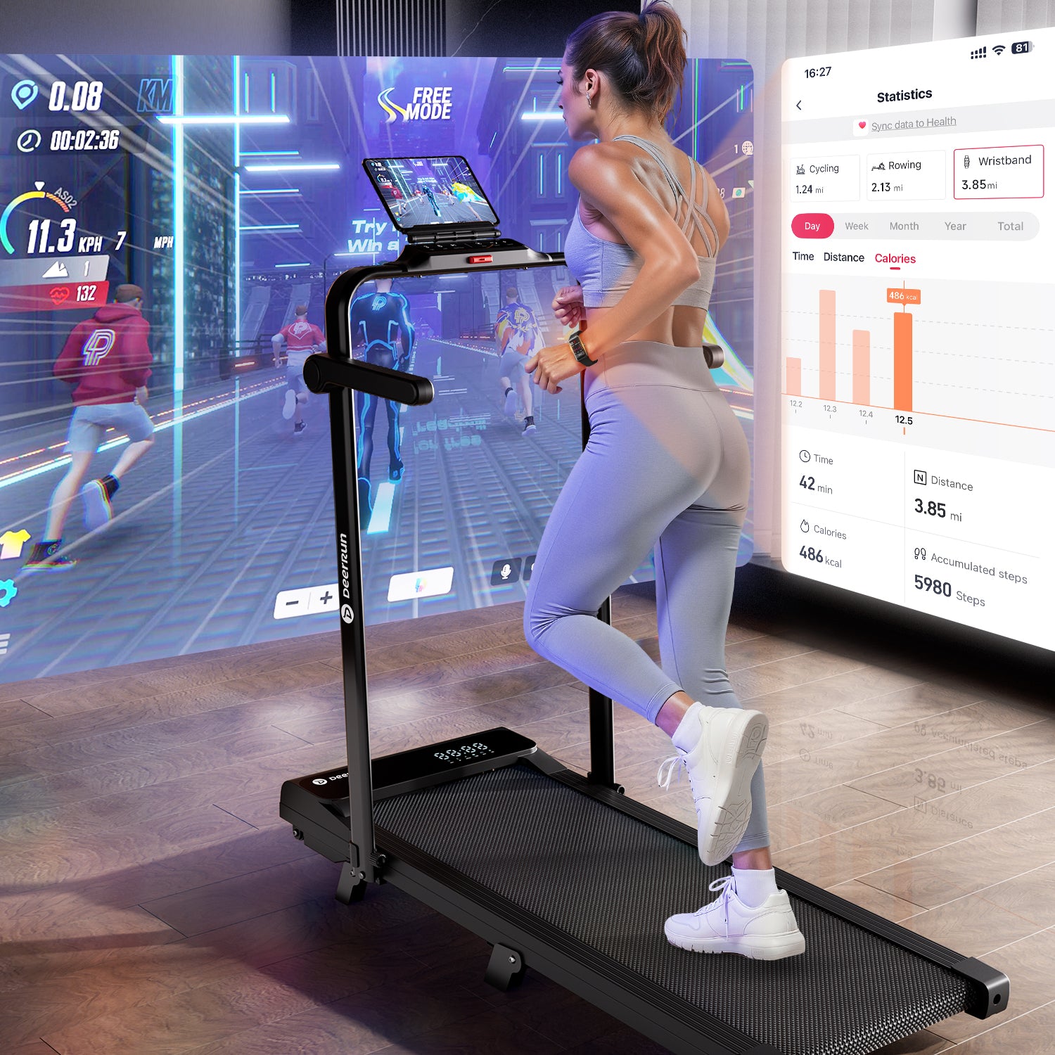 2026 New A6 Plus Handle 5% Incline 2 in 1 Foldable Treadmill with Whole Screen Upgraded Chip & NFC Support | 300 lbs, 7.5 mph, Black