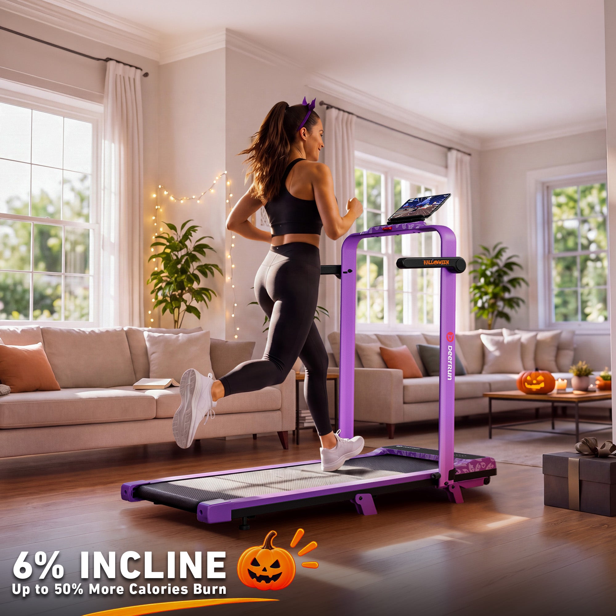 DeerRun Halloween Gift Edition 2-in-1 Foldable Treadmill for Home, Run & Save Space - With 6% Incline, Handlebar & Full Display Screen