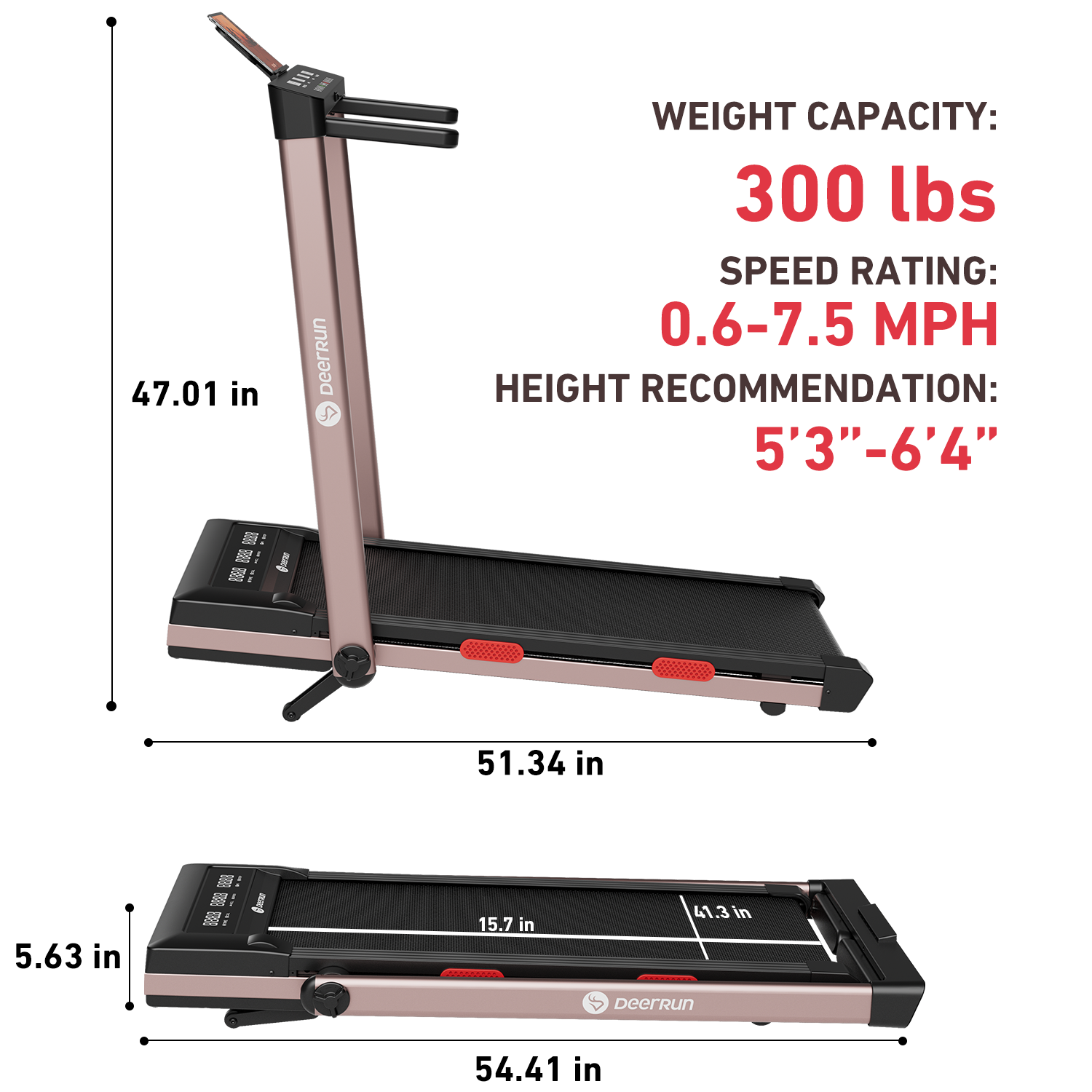 DeerRun Z10 Pro Muse Type 2 in 1 Foldable Treadmill with Remote Control, 12% Auto Incline, Rose Gold