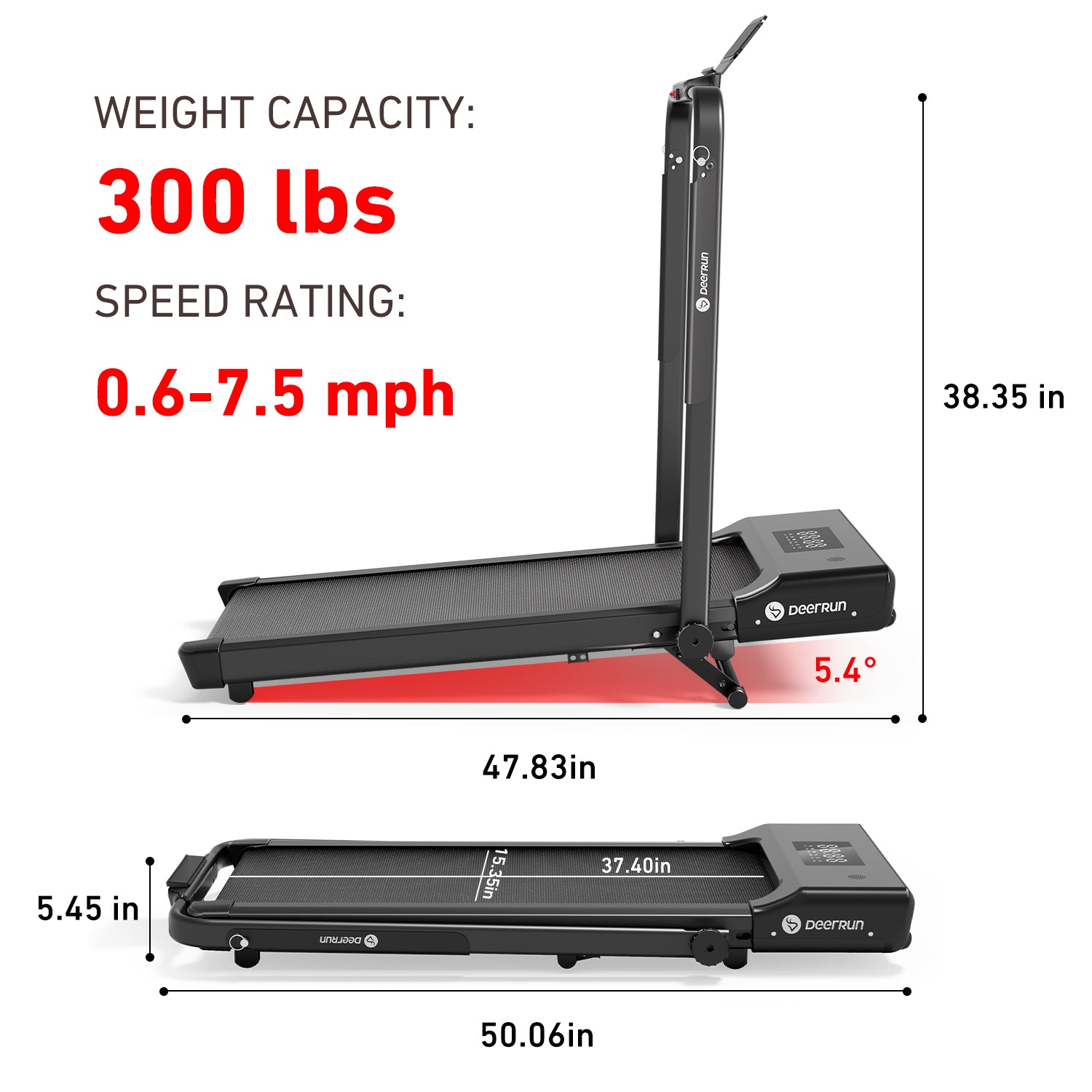 DeerRun A5 Mini 5.4% Incline Smart 2 in 1 Folding Treadmill with Handrail, 300 Lbs, 0.6-7.5 MPH