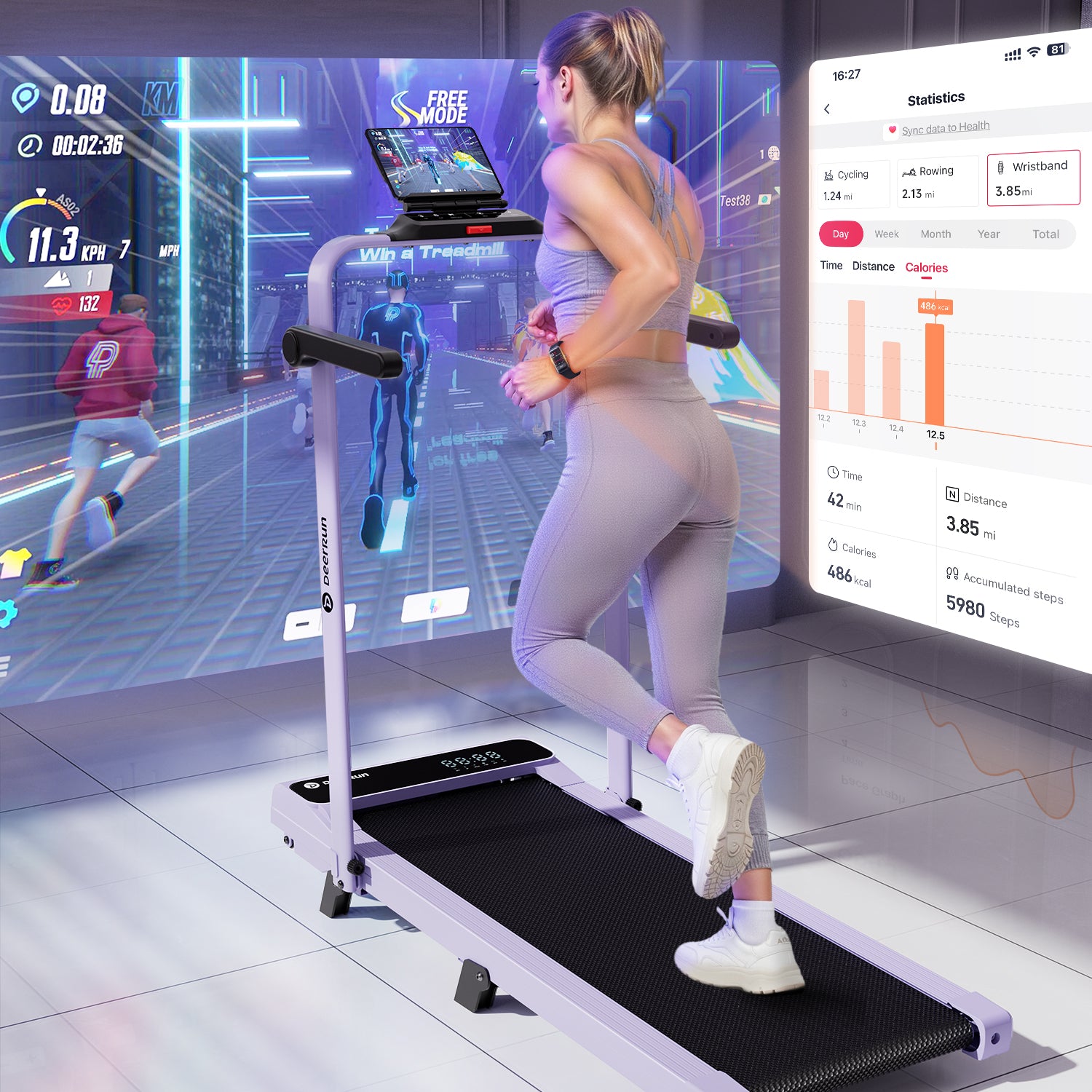 2026 New A6 Plus Handle 5% Incline 2 in 1 Foldable Treadmill with Whole Screen Upgraded Chip & NFC Support | 300 lbs, 7.5 mph, Purple