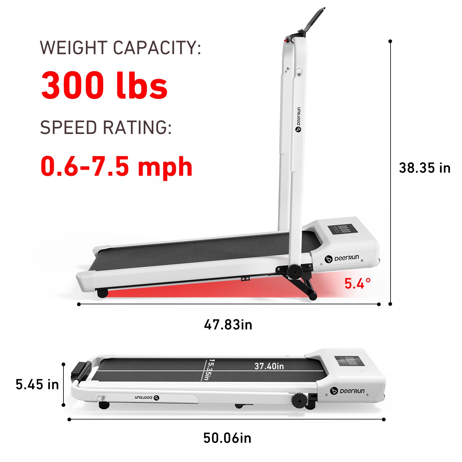 DeerRun A5 Mini 5.4% Incline Smart 2 in 1 Folding Treadmill with Handrail, 300 Lbs, 0.6-7.5 MPH | White