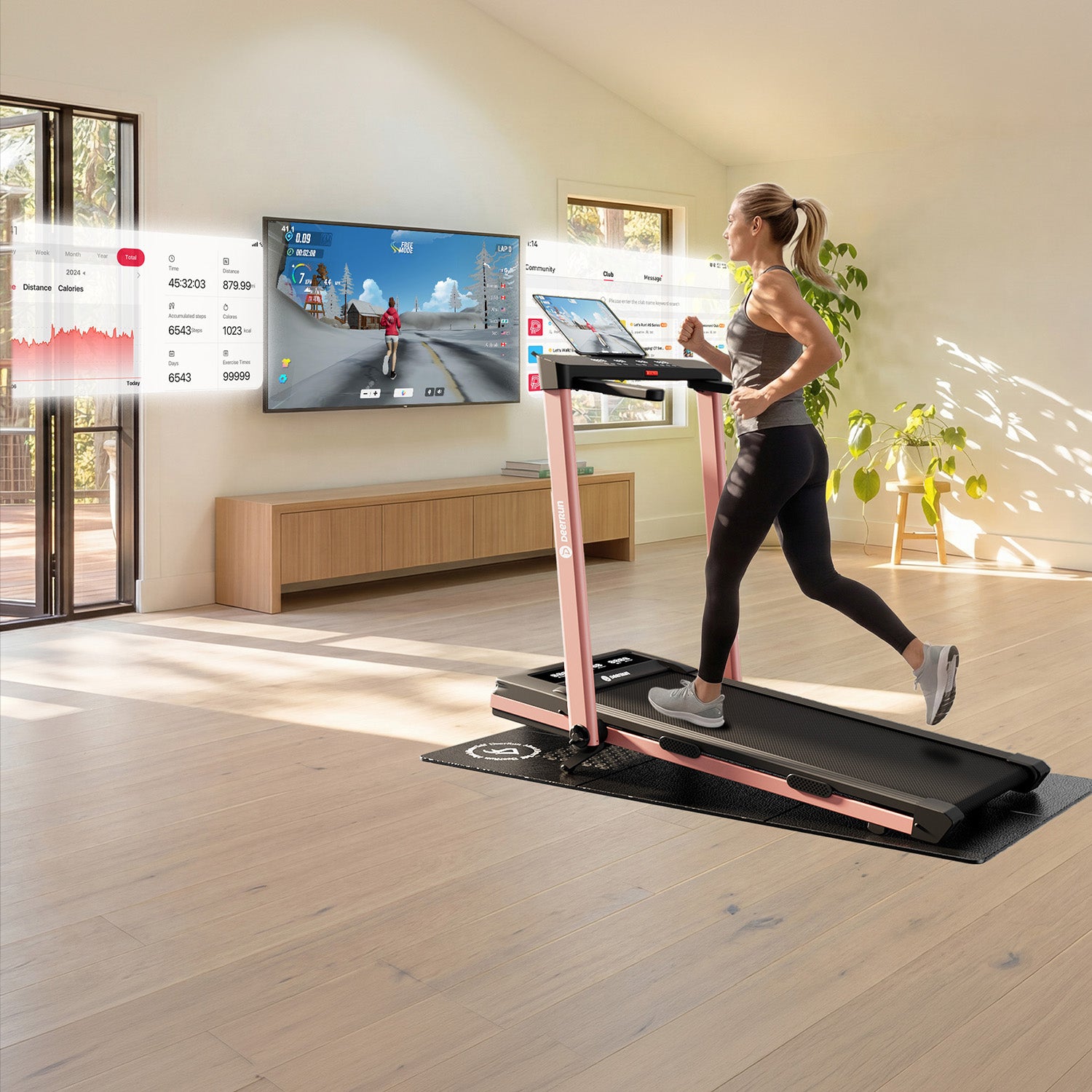 DeerRun Z10 Pro Muse Type 2 in 1 Foldable Treadmill with Remote Control, 12% Auto Incline, Pink