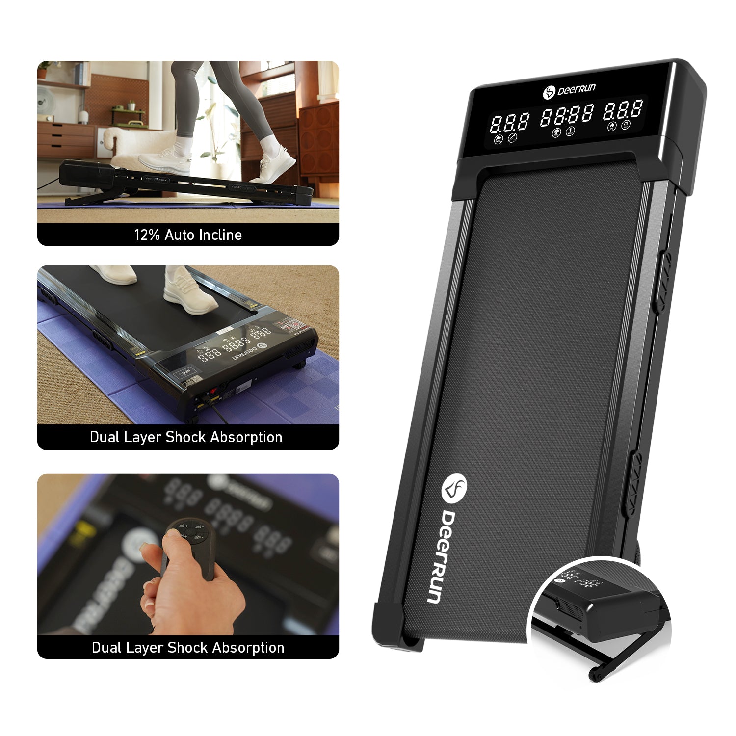 DeerRun Z10 Upgrade Full-screen Smart Walking Pad Treadmill with remote control 12% Auto Incline - Black, More Light