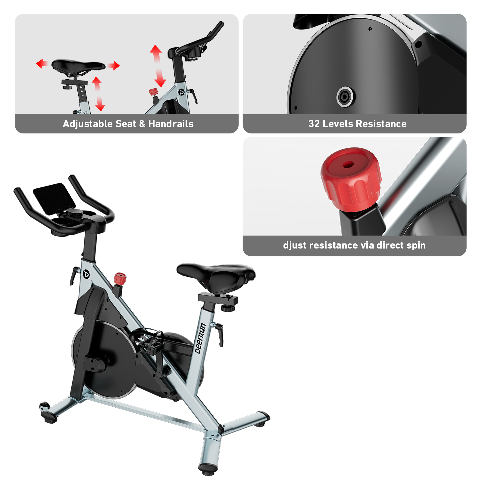 DeerRun S500 Pro King Size Indoor Exercise Bike for Tall Riders 32 Magnetic Adjustable Resistance, LED Screen, Silver
