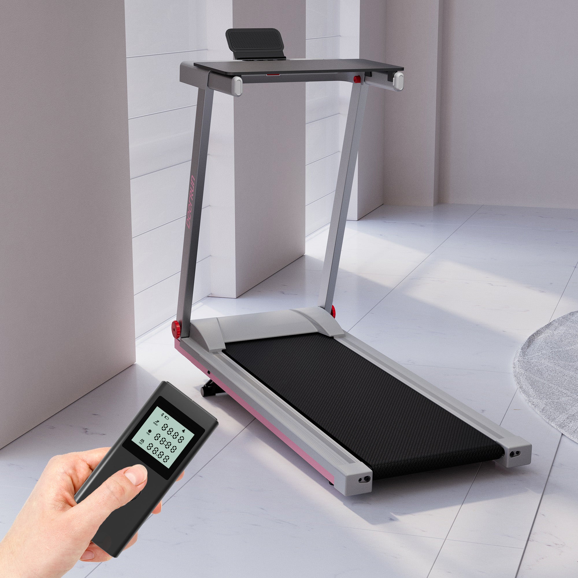 DeerRun A1 Folding Smart Treadmill with  6% Incline Pink Grey- Support Bluetooth & Remote Wireless Control