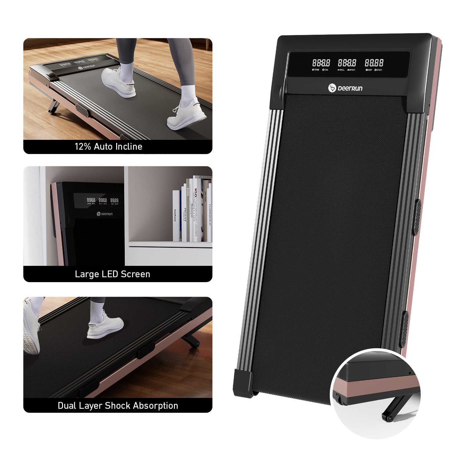 DeerRun Z10 12% Auto Incline Smart Walking Pad Treadmill with remote control-Rose Gold