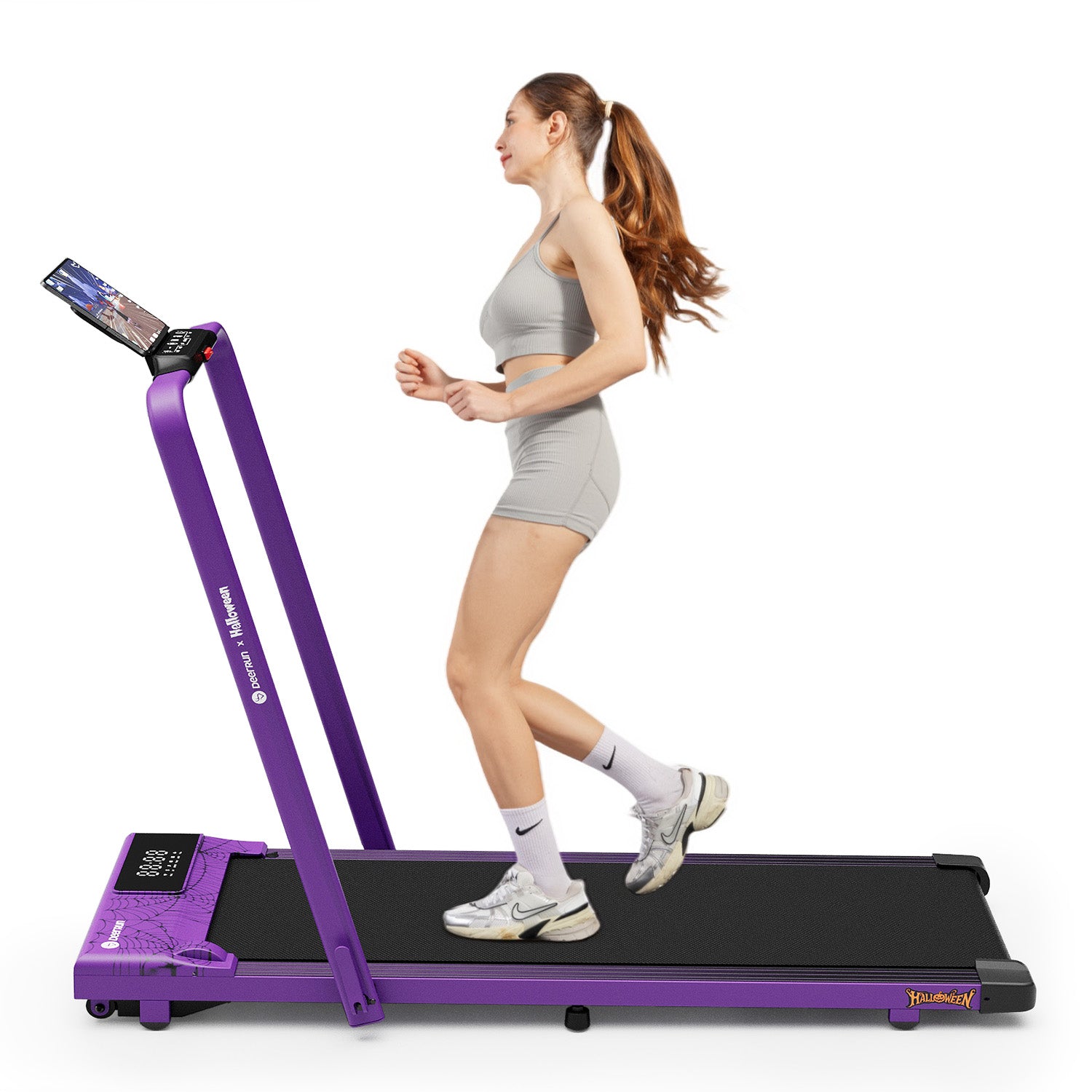 2026 New A6 Plus Handbar 5% Incline 2 in 1 Foldable Treadmill with Whole Screen Upgraded Chip & NFC Support | 300Lbs, 7.5Mph, Purple