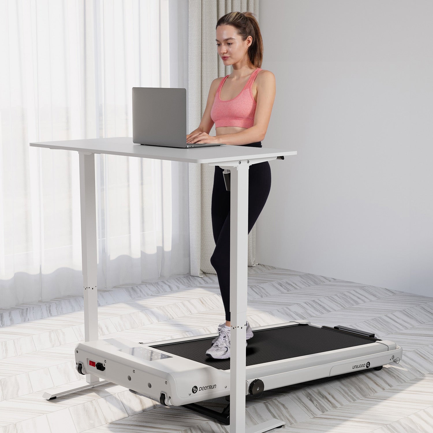 DeerRun A5 Mini 5.4% Incline Smart 2 in 1 Folding Treadmill with Handrail, 300 Lbs, 0.6-7.5 MPH White