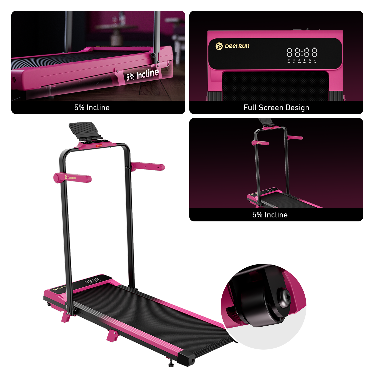 Valentine's Gift Couple-friendly 5% Incline Treadmill with Handrail - Black Pink