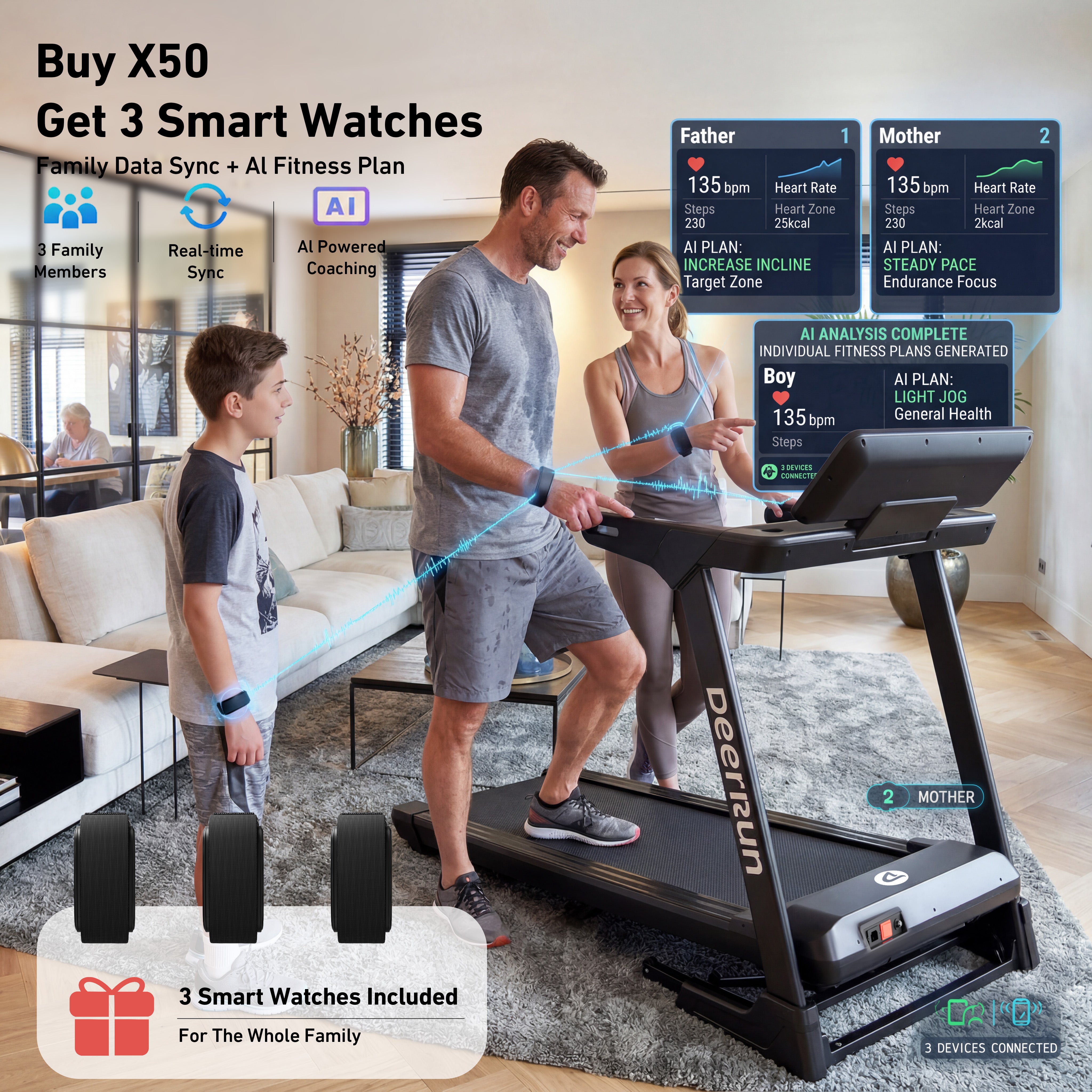DeerRun X50 18% Auto Incline Big Screen AI Coach Smart Treadmill | 12.5 mph, 400 lbs Capacity