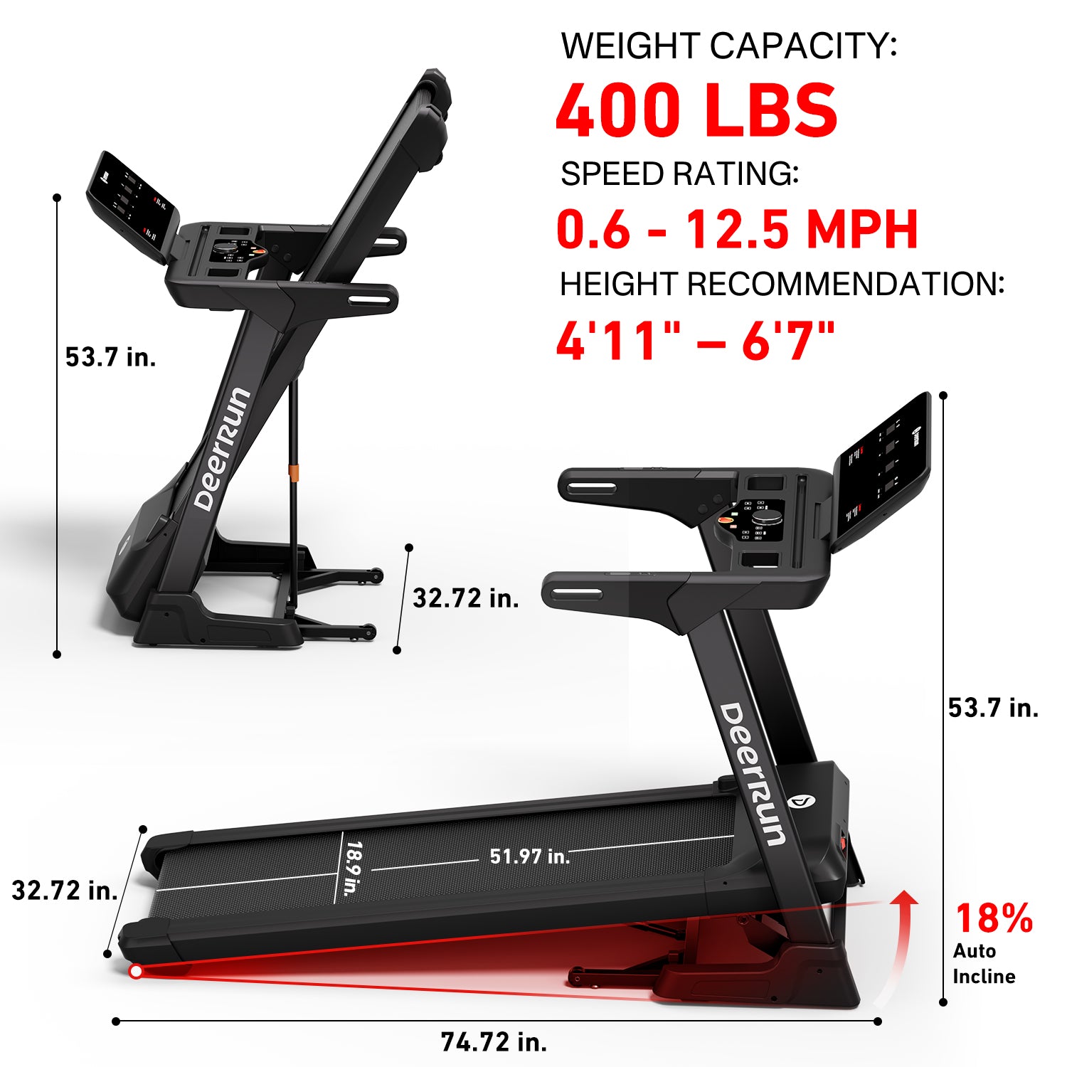 DeerRun X50 18% Auto Incline Big Screen AI Coach Smart Treadmill | 12.5 mph, 400 lbs Capacity