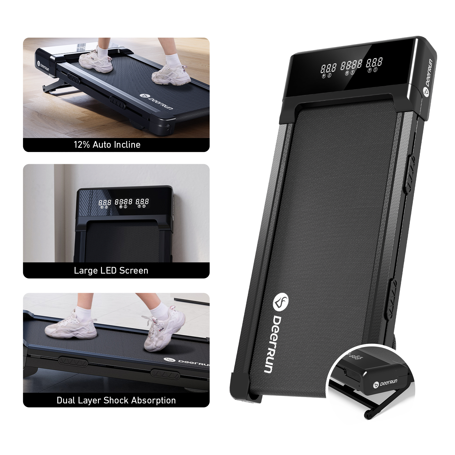 DeerRun Z10 Upgrade Smart Walking Pad Treadmill with remote control 12% Auto Incline - Black, More Light, More Thin