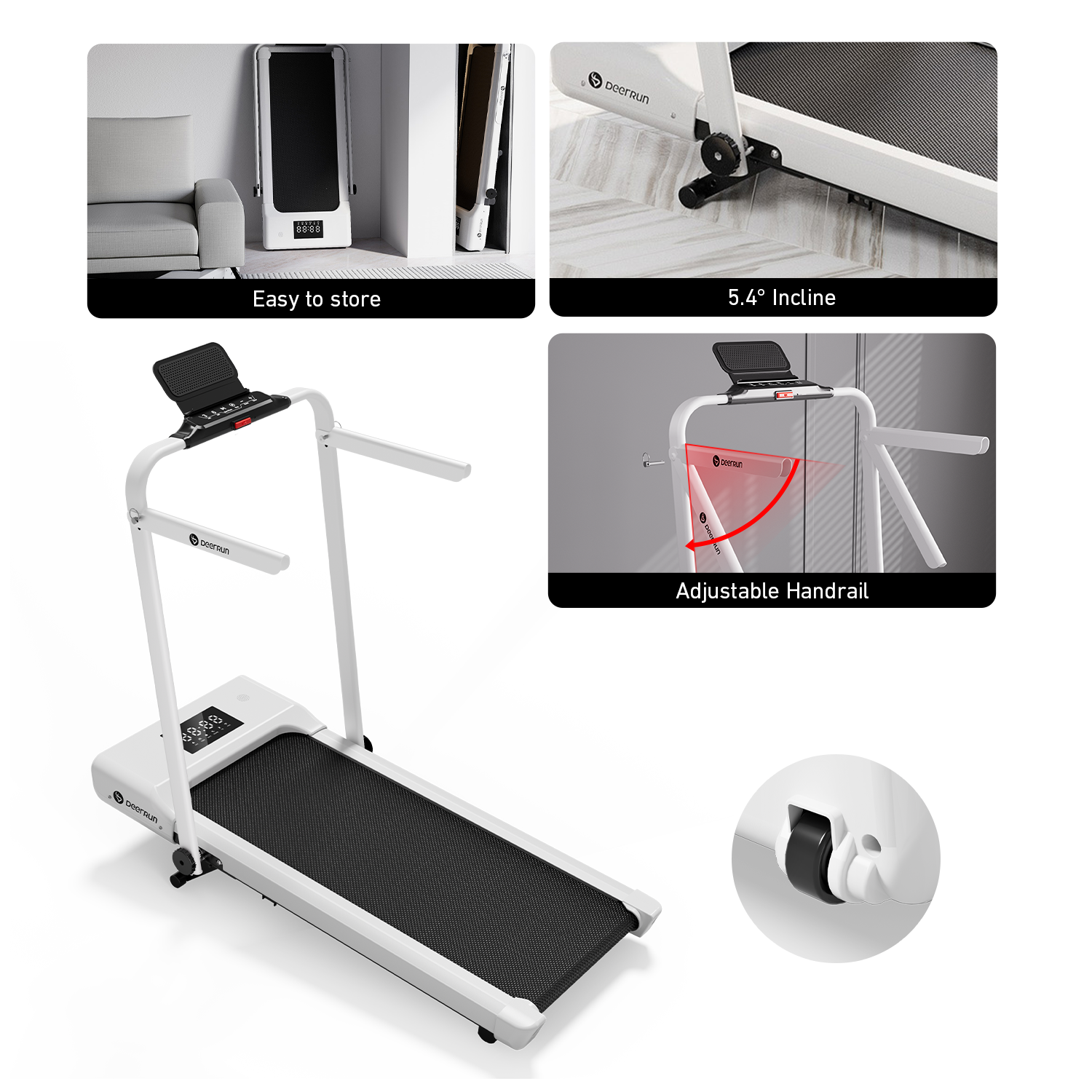 DeerRun A5 Mini 5.4% Incline Smart 2 in 1 Folding Treadmill with Handrail, 300 Lbs, 0.6-7.5 MPH White