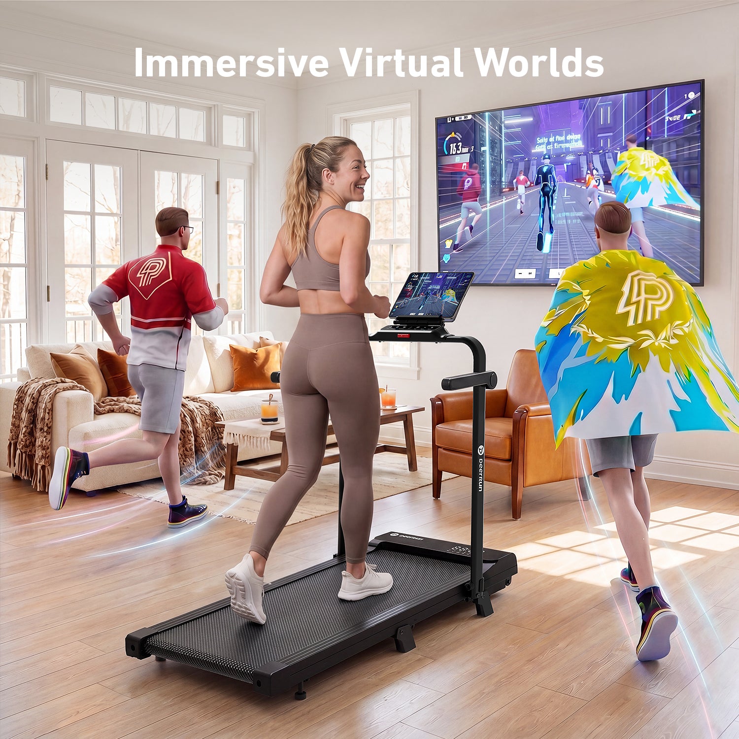 DeerRun A6 Plus Quiet 2-in-1 Foldable Treadmill for Home Walk, Run & Save Space -With 5% Incline, Handlebar & Full Display Screen