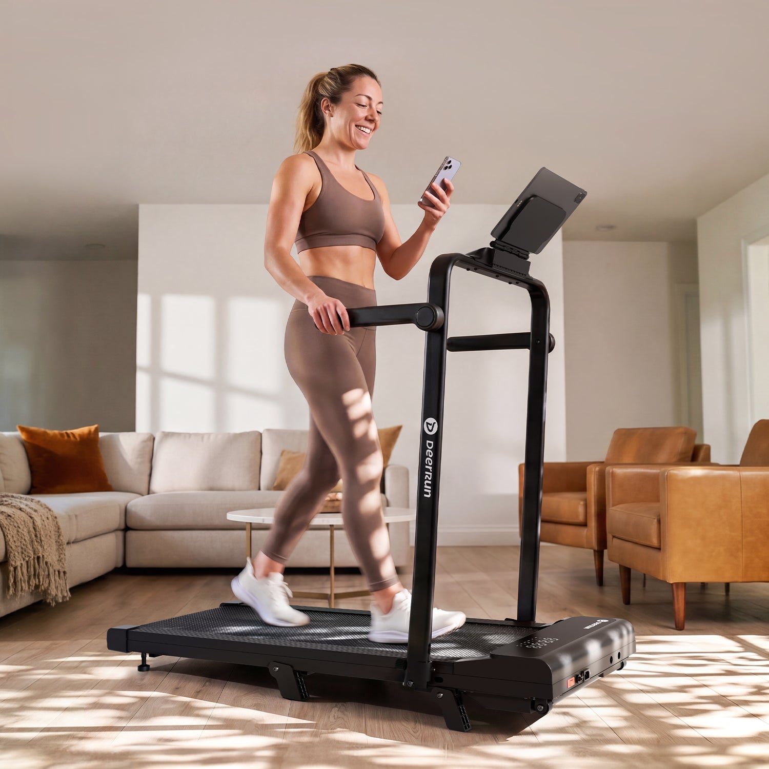 DeerRun A6 Plus Quiet 2-in-1 Foldable Treadmill for Home Walk, Run & Save Space -With 5% Incline, Handlebar & Full Display Screen