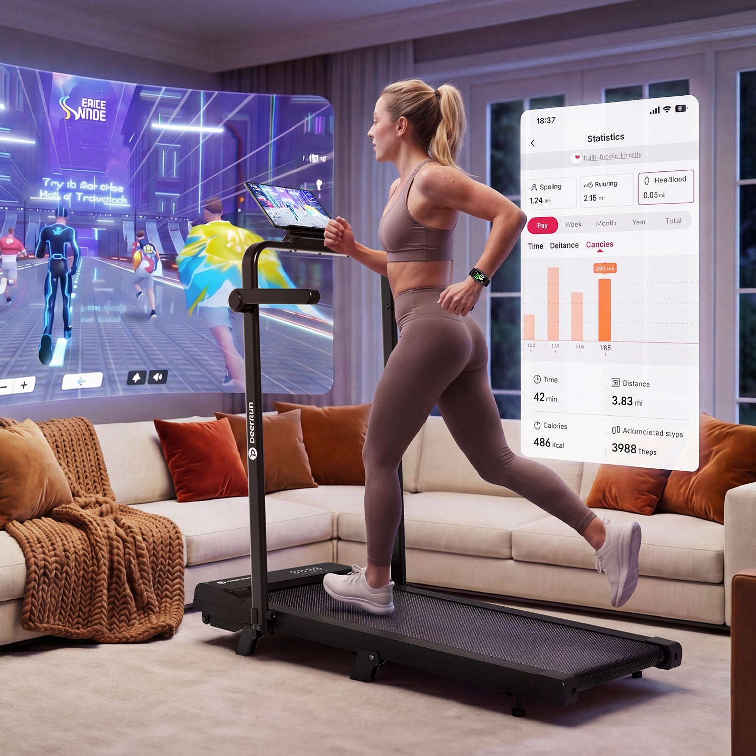 DeerRun A6 Plus Quiet 2-in-1 Foldable Treadmill for Home Walk, Run & Save Space -With 5% Incline, Handlebar & Full Display Screen