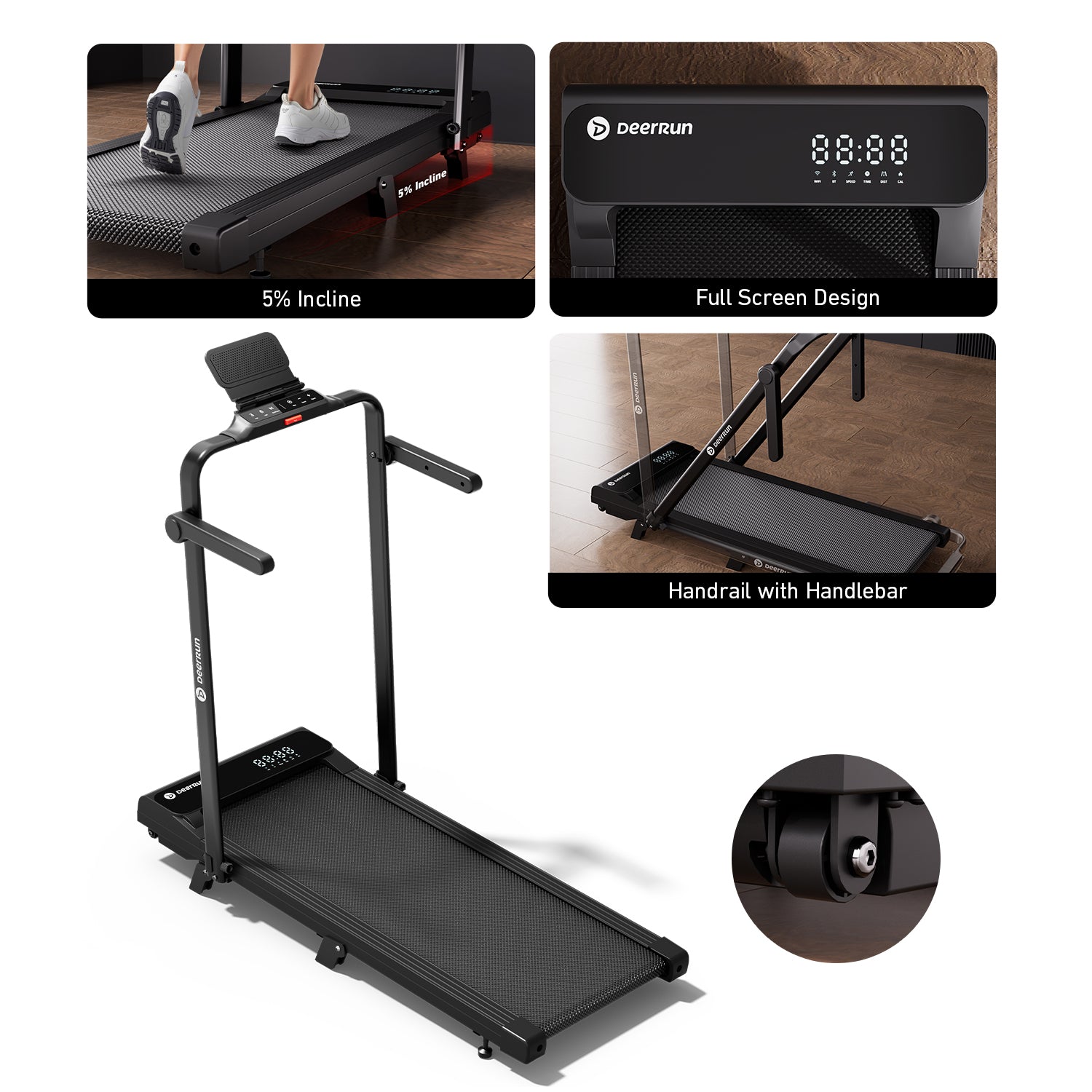 2026 New A6 Plus Handle 5% Incline 2 in 1 Foldable Treadmill with Whole Screen Upgraded Chip & NFC Support | 300 lbs, 7.5 mph, Black