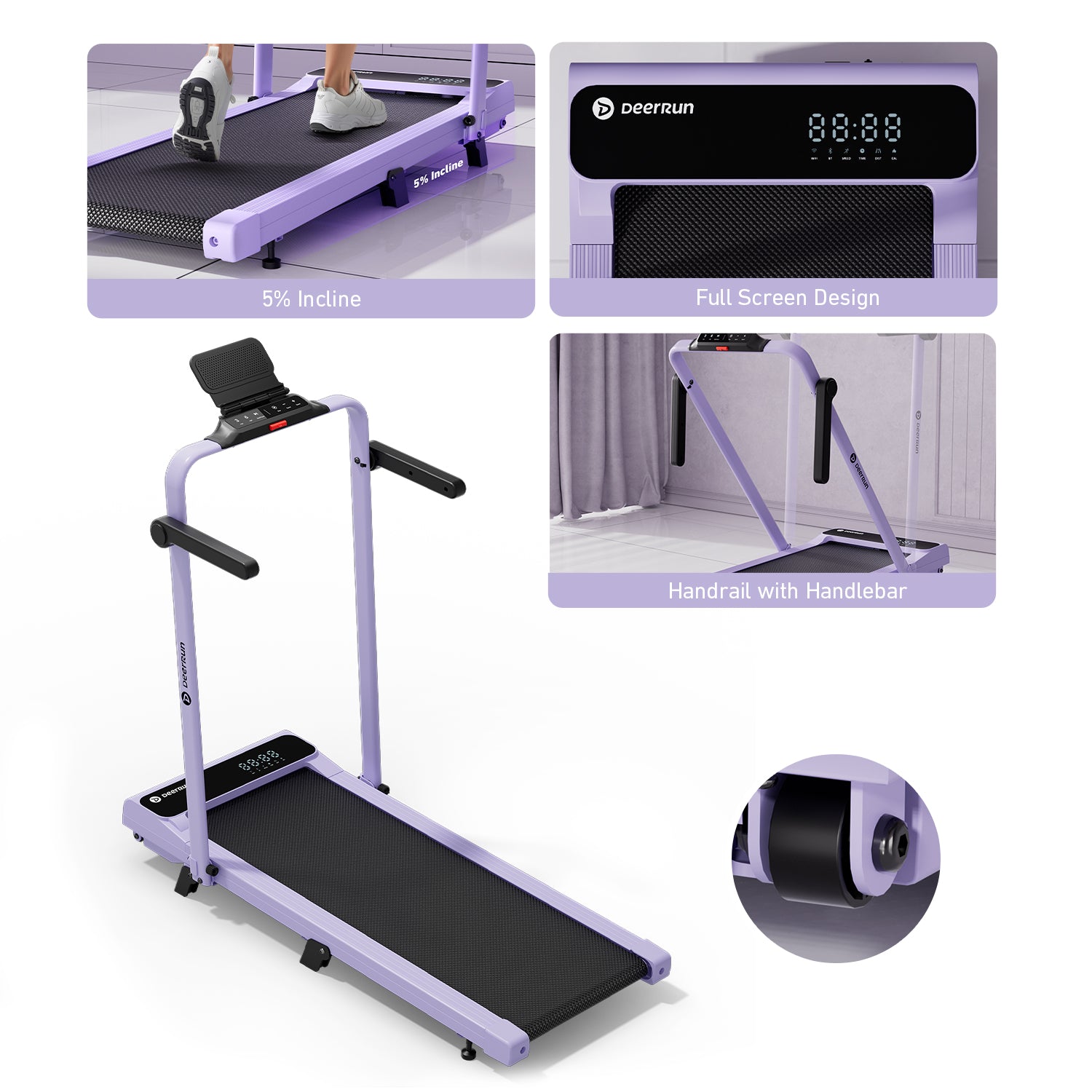 2026 New A6 Plus Handbar 5% Incline 2 in 1 Foldable Treadmill with Whole Screen Upgraded Chip & NFC Support | 300Lbs, 7.5Mph, Purple