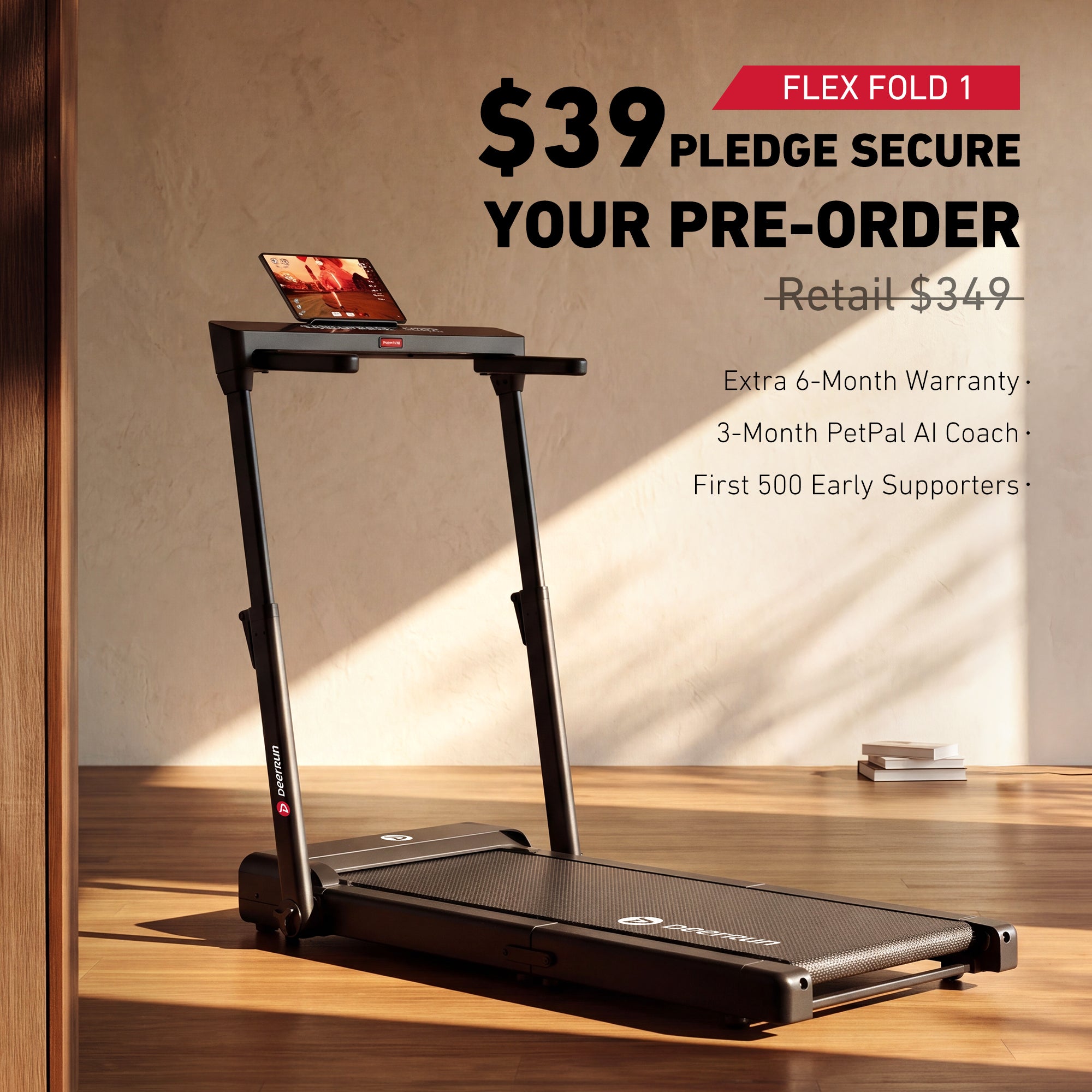 DeerRun Flex Fold 1 Fold-in-Half Treadmill With Handrail for Walking & Jogging