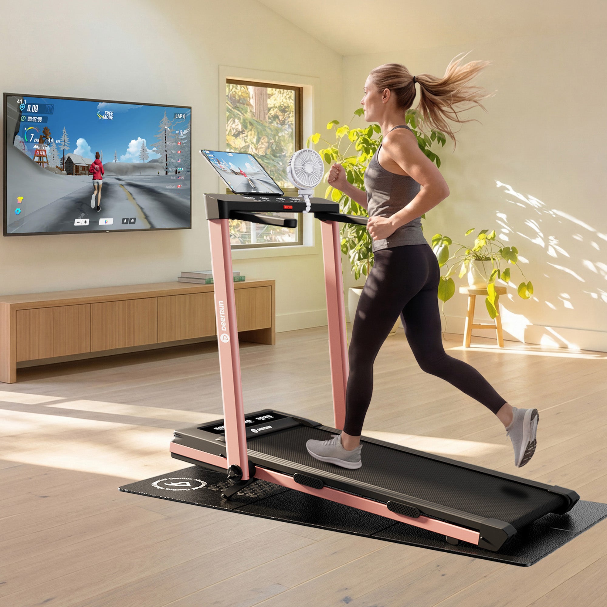 DeerRun Z10 Pro Muse Type 2 in 1 Foldable Treadmill with Remote Control, 12% Auto Incline, Pink