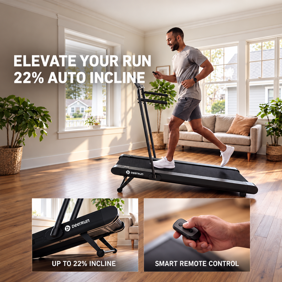 DeerRun Sleek R1 with Handrail  22% Auto Incline Walking Pad for Cardio Training