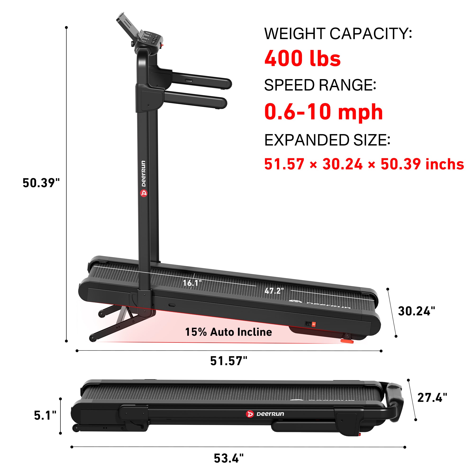 DeerRun Flex Rise 1 Walk-to-Run 15% Auto Incline Foldable Treadmill