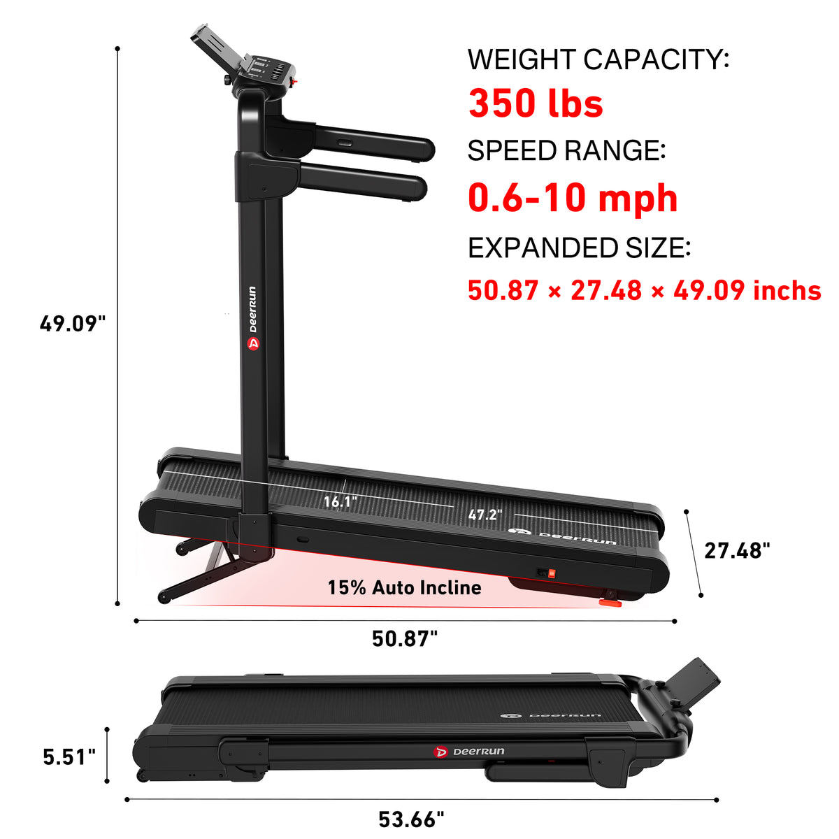 DeerRun Flex Rise 1 Walk-to-Run 15% Auto Incline Foldable Treadmill with Full Running Deck