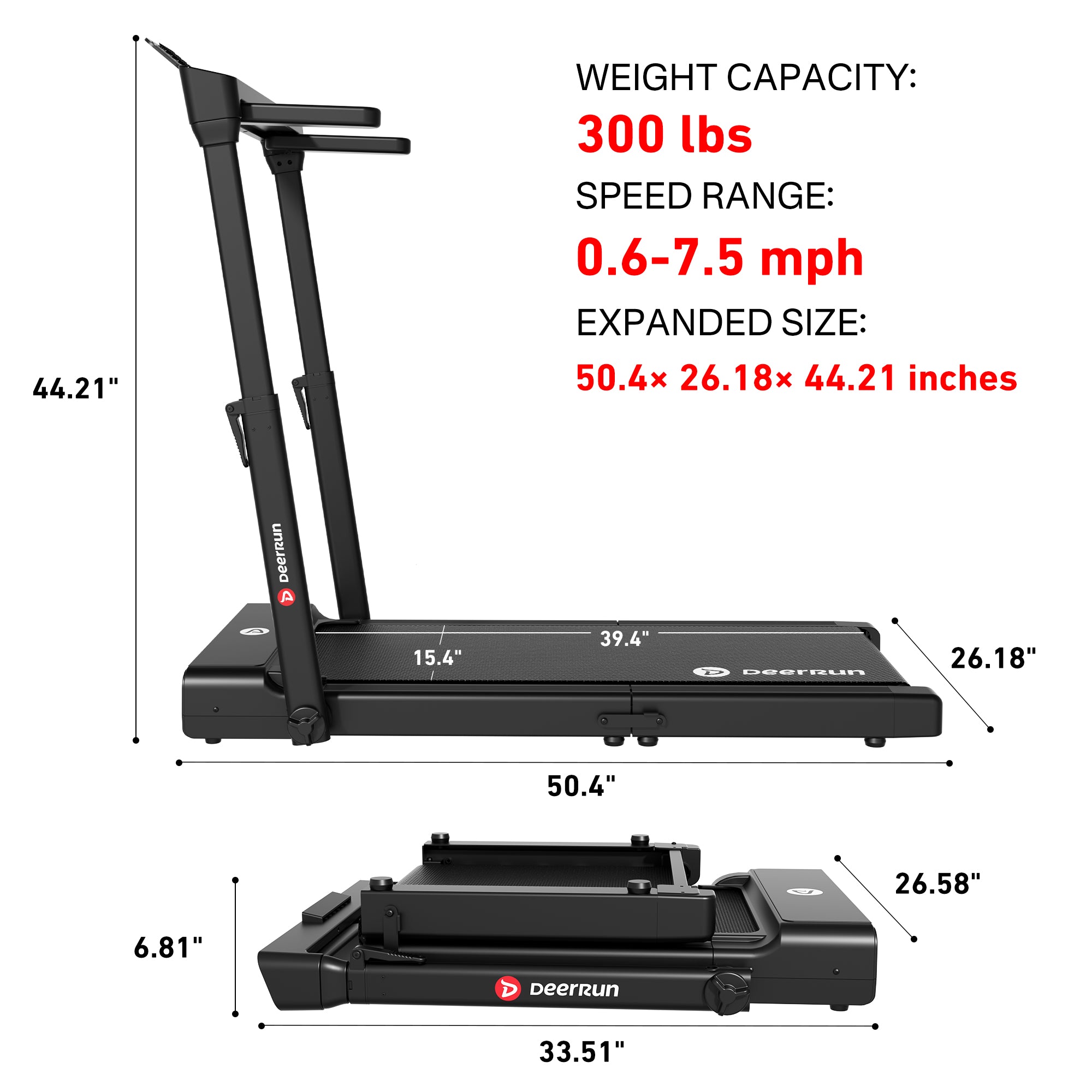 DeerRun Flex Fold 1 Fold-in-Half Treadmill With Handrail for Walking & Jogging