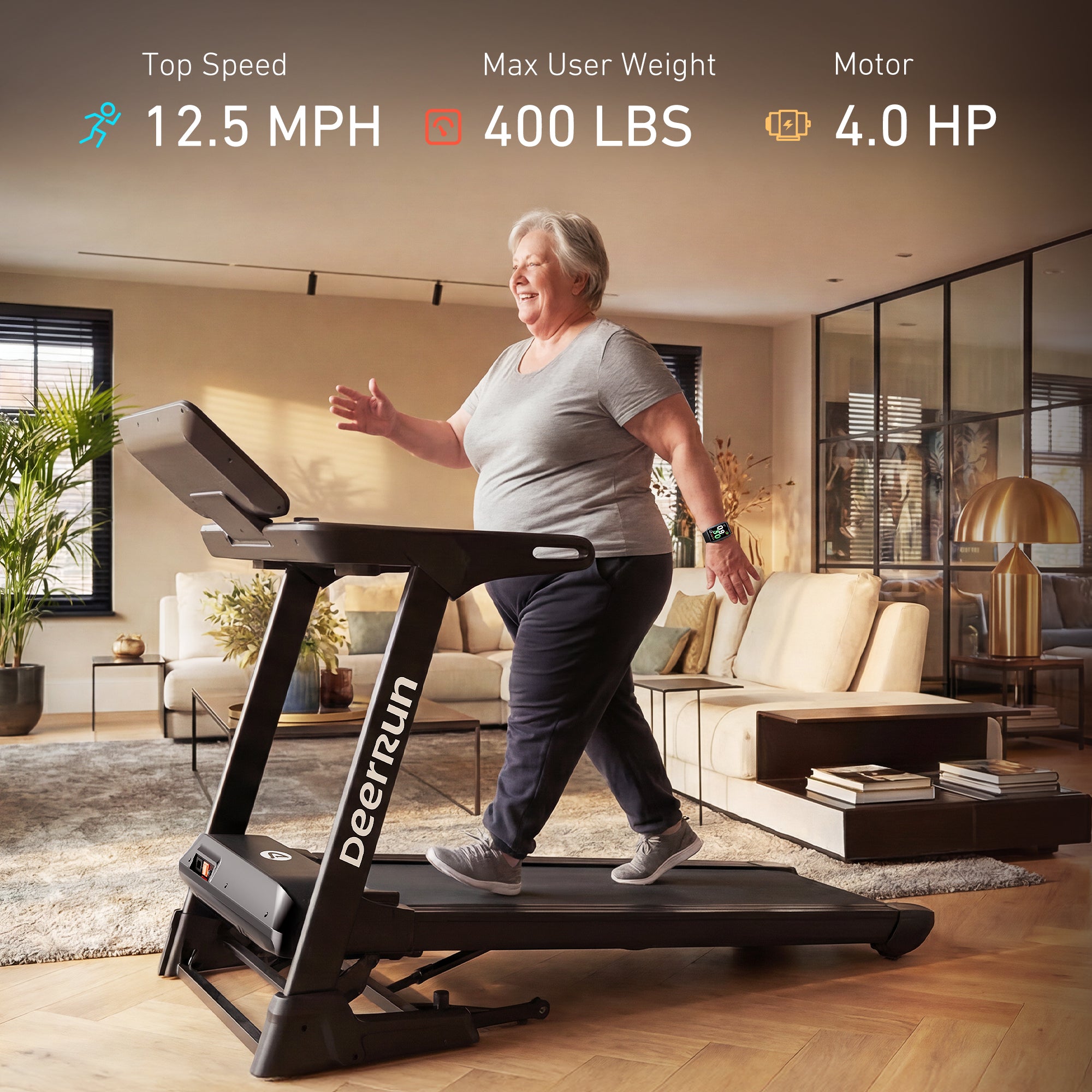 DeerRun X50 18% Auto Incline Big Screen AI Coach Smart Treadmill | 12.5 mph, 400 lbs Capacity
