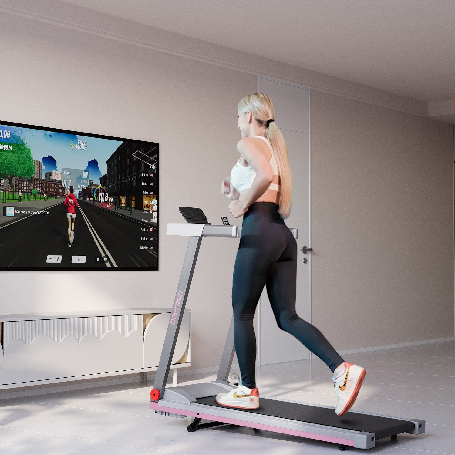 DeerRun A1 Pro Move+  6% Incline Foldable Treadmill——Upgraded Chip & NFC Support | 350Lbs, 10mph Pink Grey
