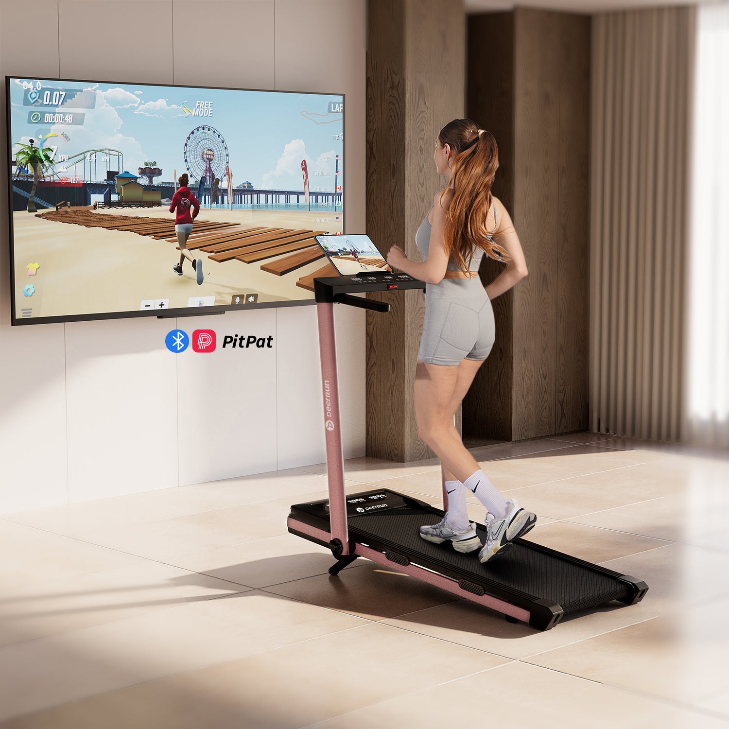 DeerRun Z10 Pro Muse Type 2 in 1 Foldable Treadmill with Remote Control, 12% Auto Incline, Pink