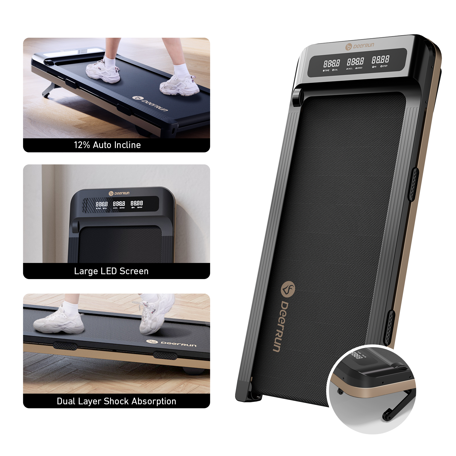 DeerRun Z10 Smart Walking Pad Treadmill with remote control 12% Auto Incline - Black Gold