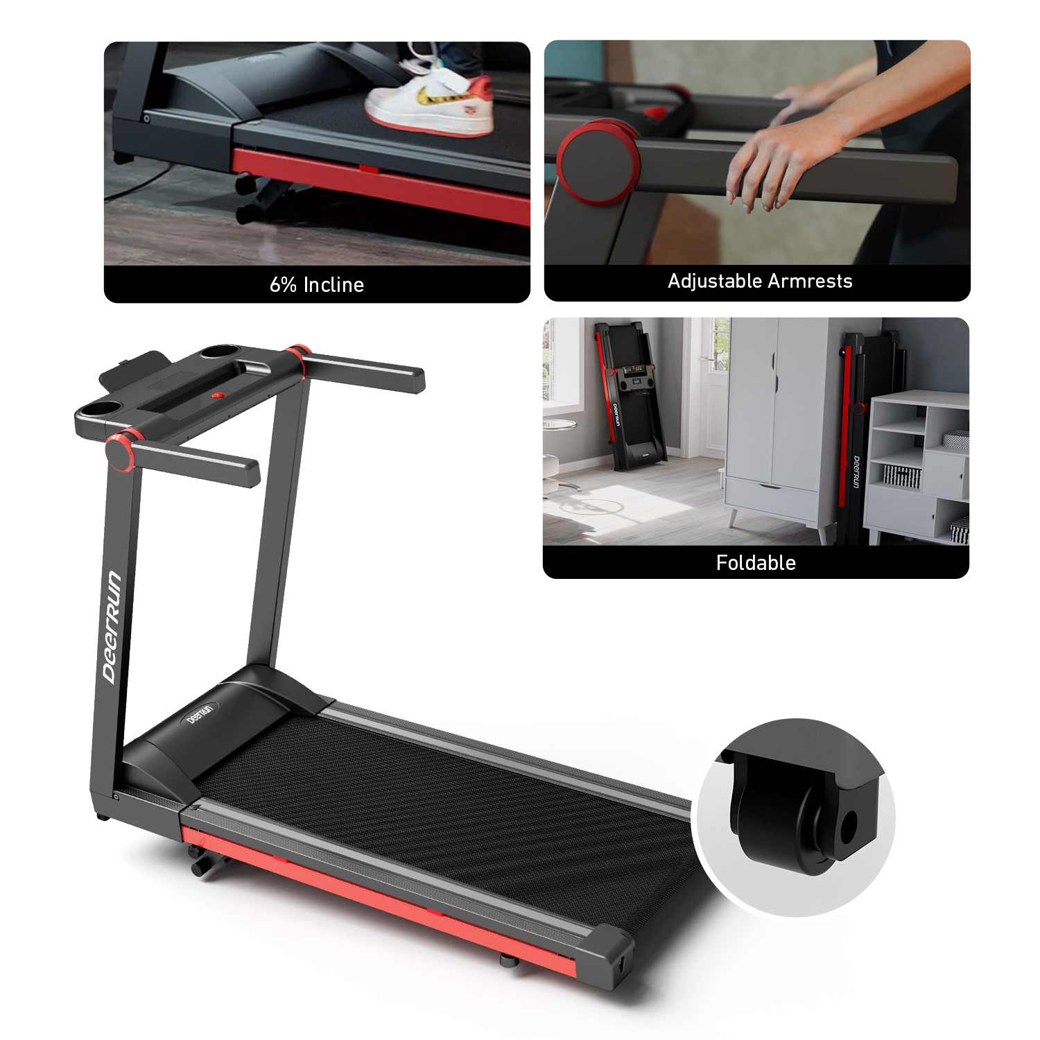 DeerRun A1 Pro Folding smart treadmill with 6% incline Red - 10 MPH, 350 lbs