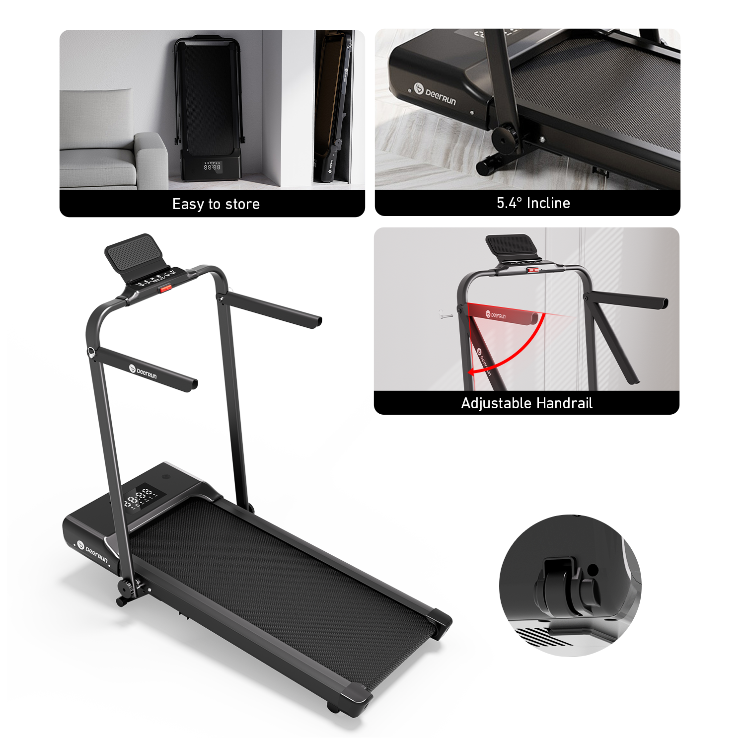 DeerRun A5 Mini 5.4% Incline Smart 2 in 1 Folding Treadmill with Handrail, 300 Lbs, 0.6-7.5 MPH