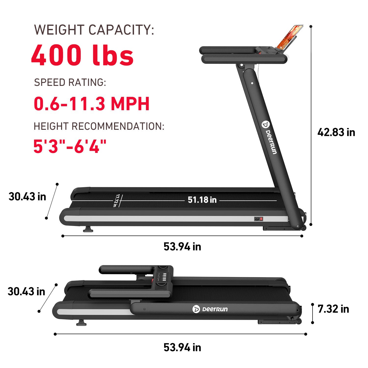 DeerRun X20 Treadmill with 15% Auto Incline Full Running Deck Treadmill Support Bluetooth & Remote Wireless Control